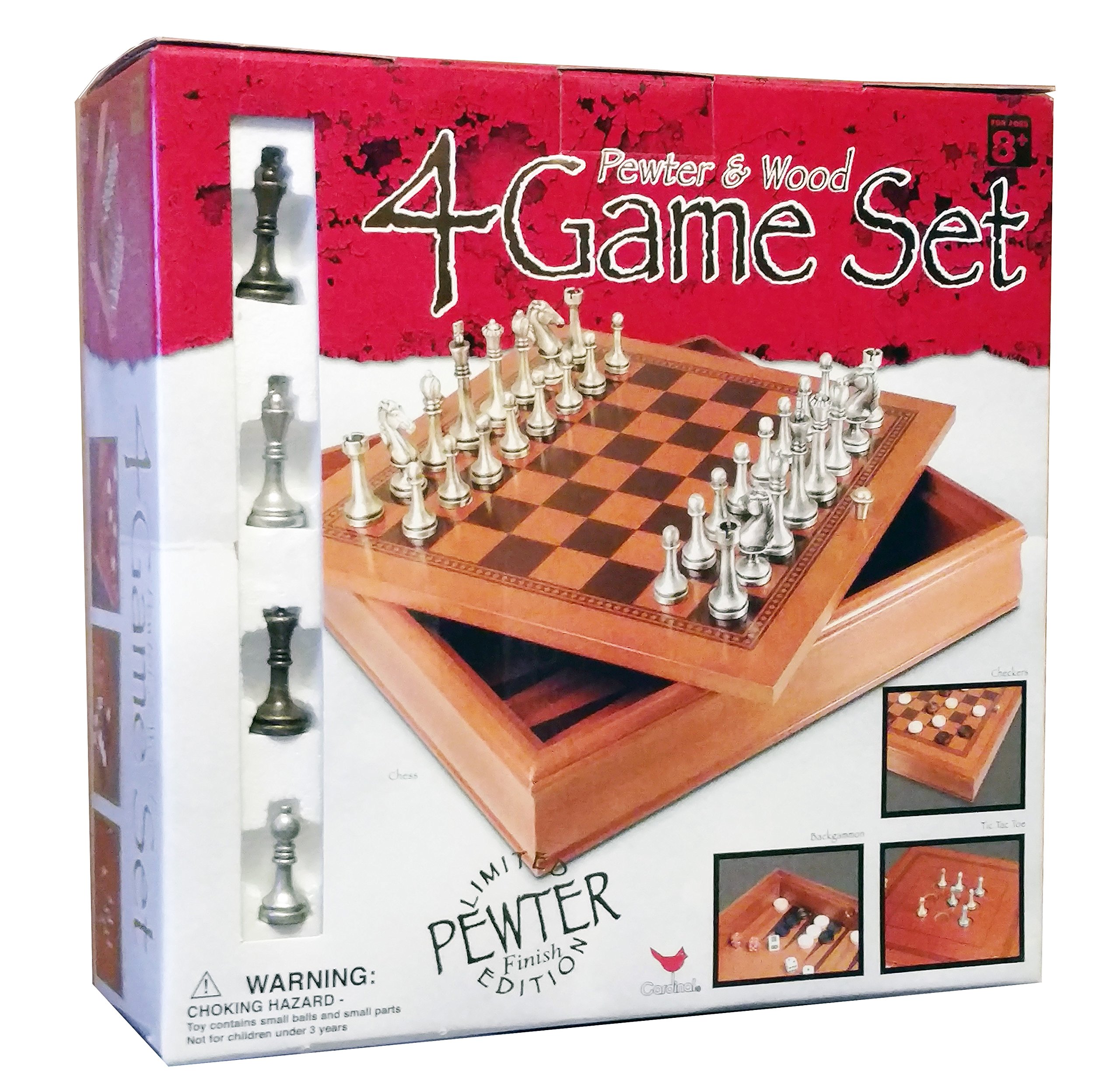 Pewter & Wood 4 Game Set - Checkers, Chess, Backgammon & Tic Tac Toe