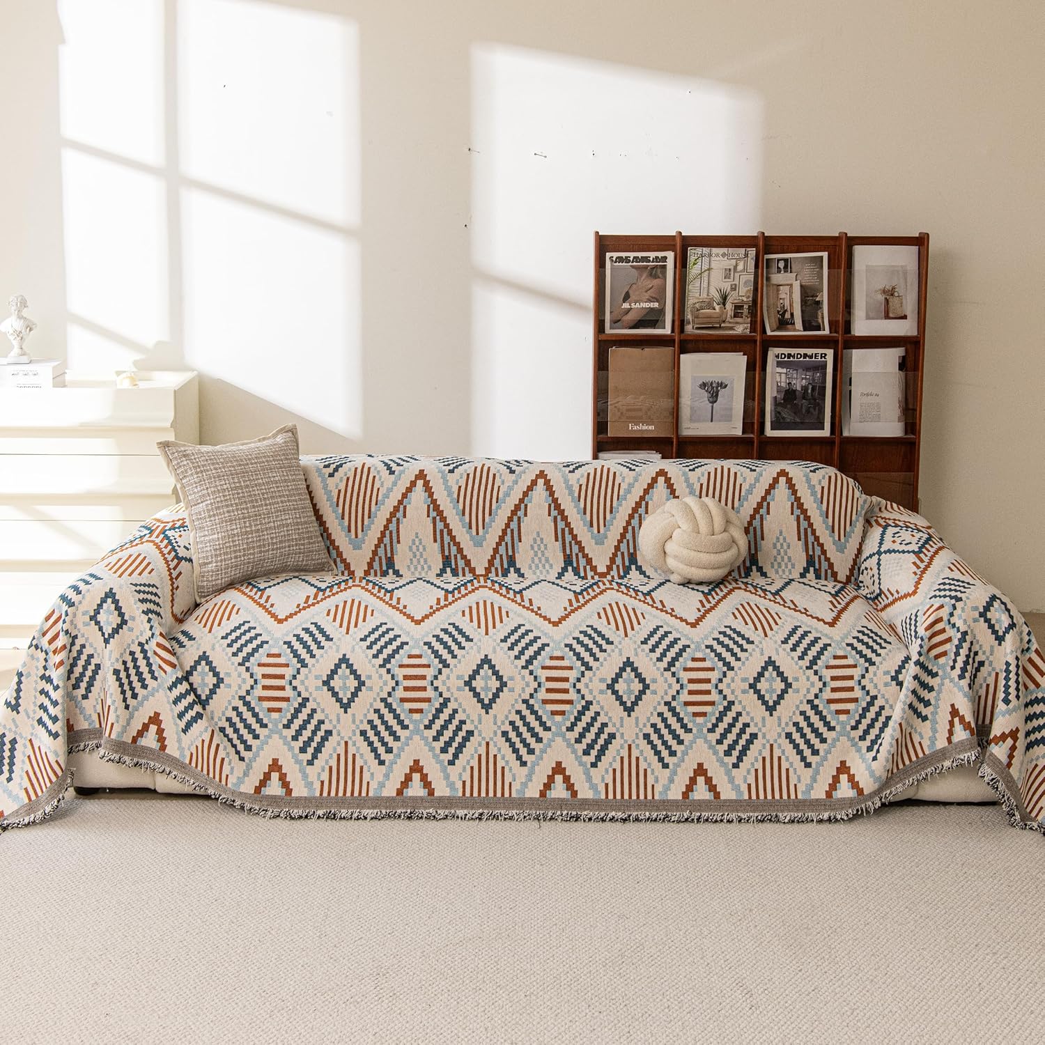Boho Couch Covers for 3 Cushion Couch Washable, Loveseat Slipcovers for Dogs, Pet L Shape Sectional Protector, Farmhouse Sofa Blanket Cover,Tribal Geometric Chenille, Mustard & Blue,71"x134"