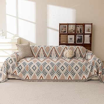 Boho Couch Covers for 3 Cushion Couch Washable, Loveseat Slipcovers for Dogs, Pet L Shape Sectional Protector, Farmhouse Sofa Blanket Cover, Tribal Geometric Chenille, Mustard & Blue,71"x118"