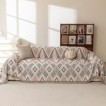 Boho Couch Covers for 3 Cushion Couch Washable, Loveseat Slipcovers for Dogs, Pet L Shape Sectional Protector, Farmhouse Sofa Blanket Cover, Tribal Geometric Chenille, Mustard & Blue,71"x118"