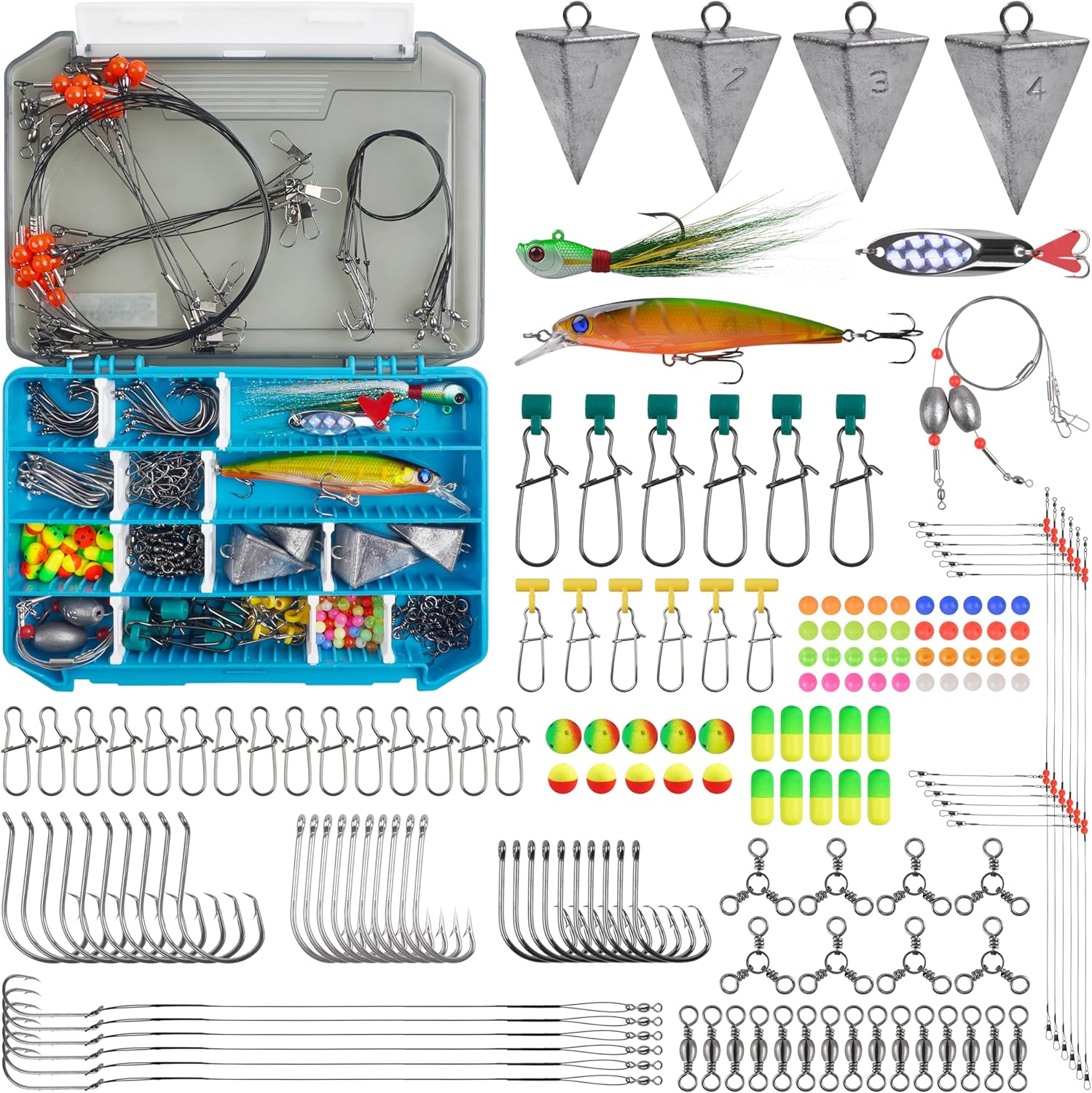 Surf Fishing Tackle Kit,161pcs Saltwater Fishing Gear Fishing Bait Rigs Fish Finder Rigs Pompano Rig Pyramid Sinker Weight Ocean Saltwater Fishing Lures Hooks Swivels Various Fishing Accessories