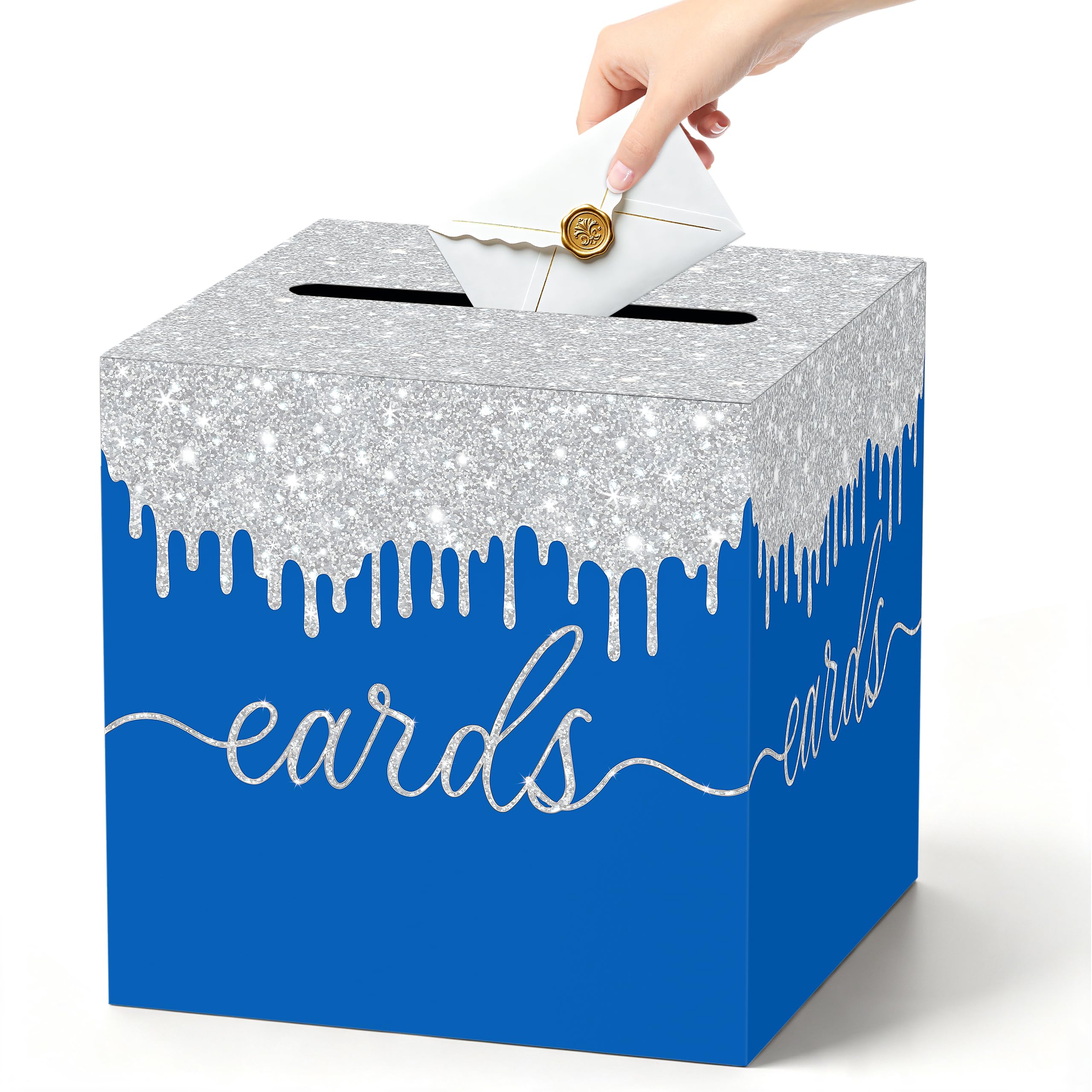 Blue Silver Card Box with Slot for Graduation, Wedding and Birthday Party