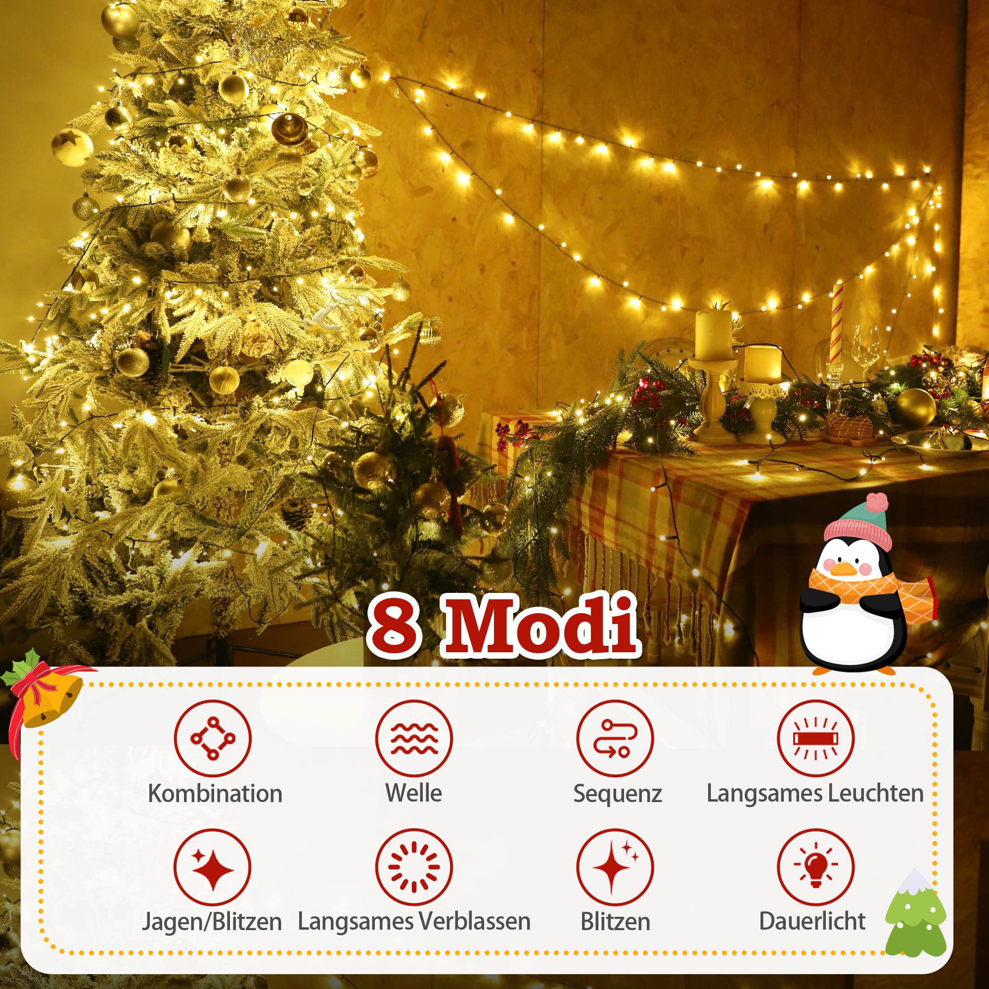 Lighprenix Lichtsnoer voor buiten, kerstlichtketting voor binnen en buiten, waterdicht, met afstandsbediening voor Kerstmis (transparante draad, 200 leds