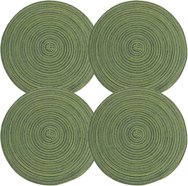 ISKYBOB 4 Pieces Round Weaving Placemats, Colorful Braided Place Mats for Dining Table Heat Insulation Mats for Kitchen, 13.78 Inches, Dark Green