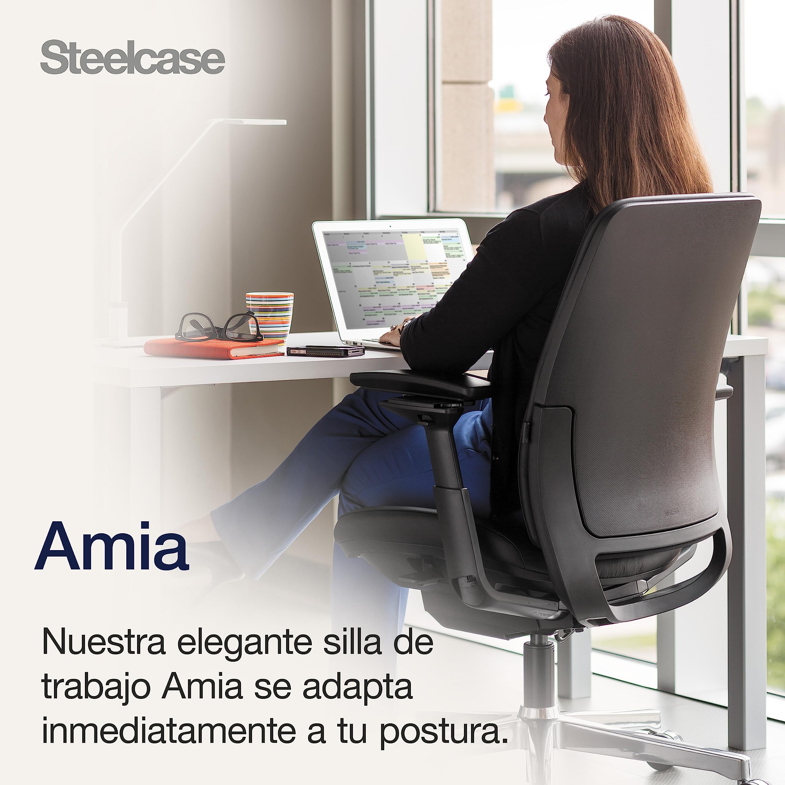 Steelcase Silla ergonómica: Amia, Brazos 4D, Ajuste Asiento, Gris búho