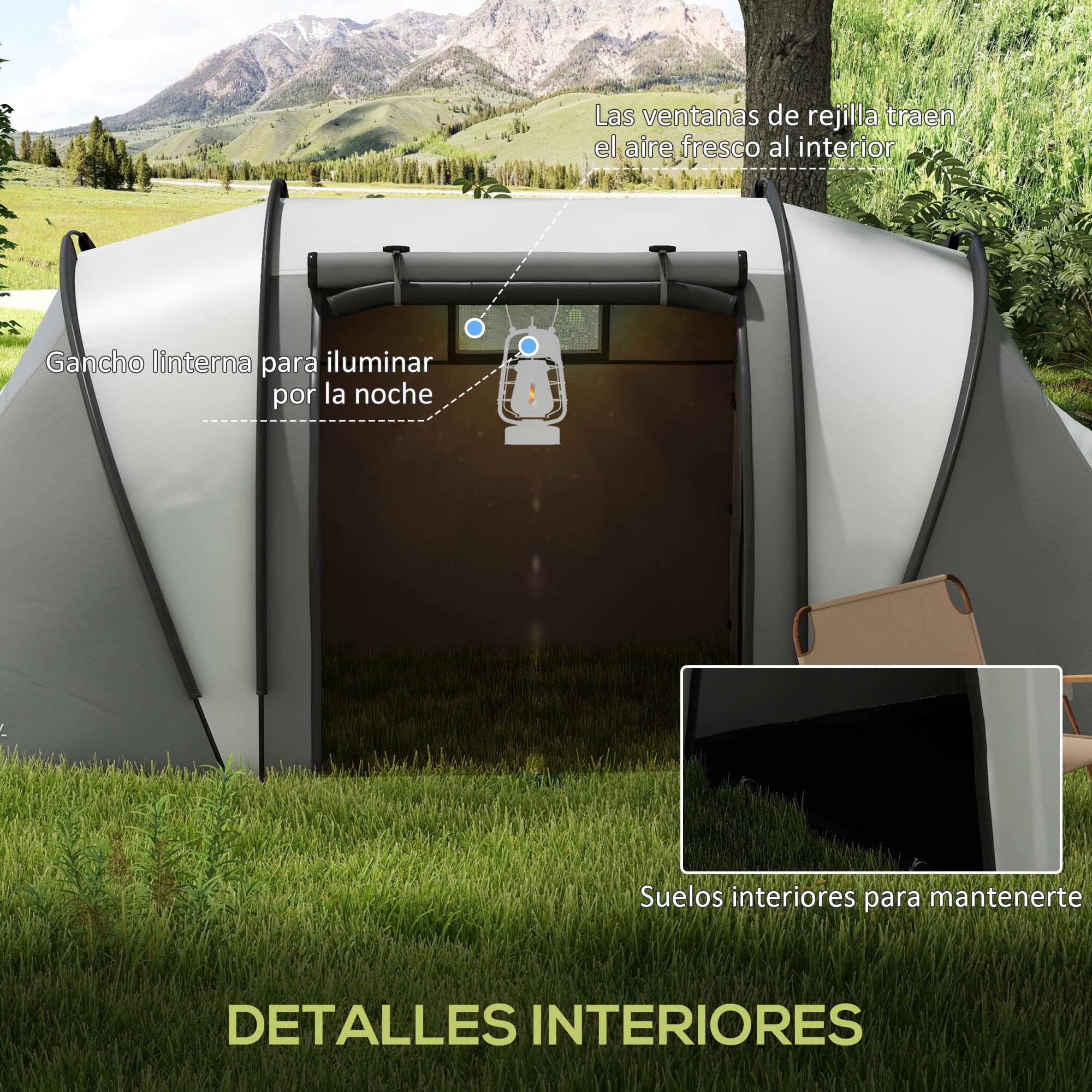 Outsunny Tenda da campeggio per famiglia per 4-5 persone, tenda da campeggio a tunnel impermeabile 3000 mm con 2 camere da letto, borsa da trasporto e gancio per pesca escursionismo