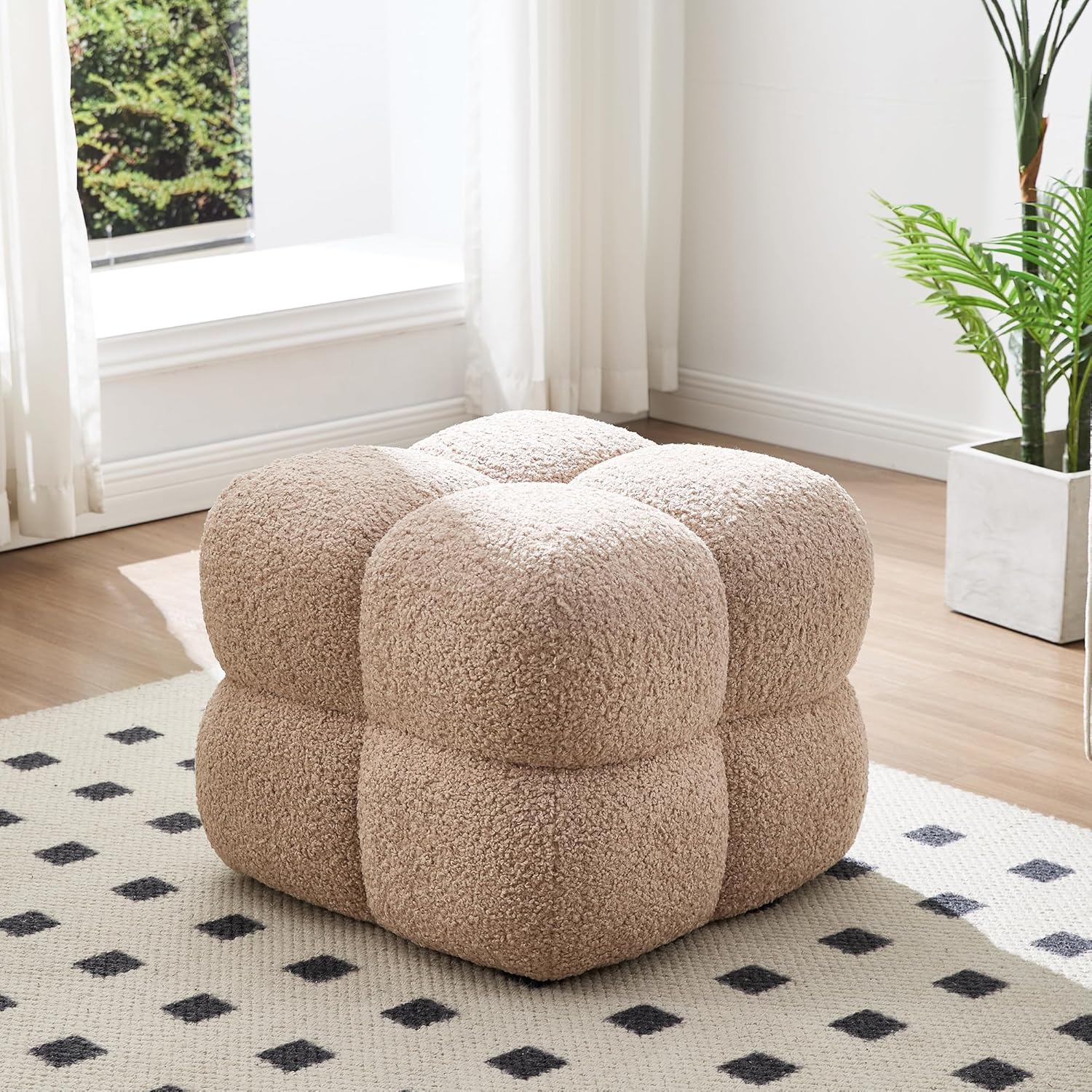 Zesthouse Square Pouf Ottoman, Modern Ottoman Coffee Table for Living Room, Fuzzy Sherpa Stool Foot Rest, Upholstered Tufted Stool for Couch, Tan