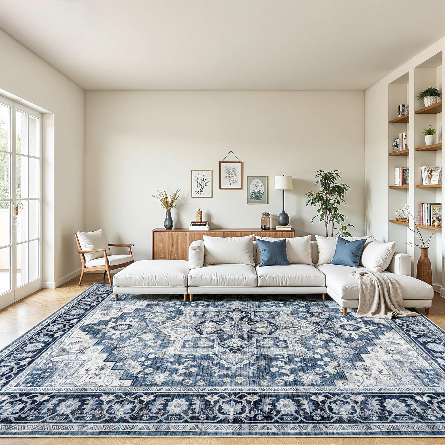 8x10ft Machine Washable Area Rug, 120 * 96" Large Ultra Soft Rugs with Non-Slip Backing & Durable Edge Binding, Vintage Fluffy Indoor Low-Pile Carpet for Living Room, Bedroom, Dinning, Kitchen