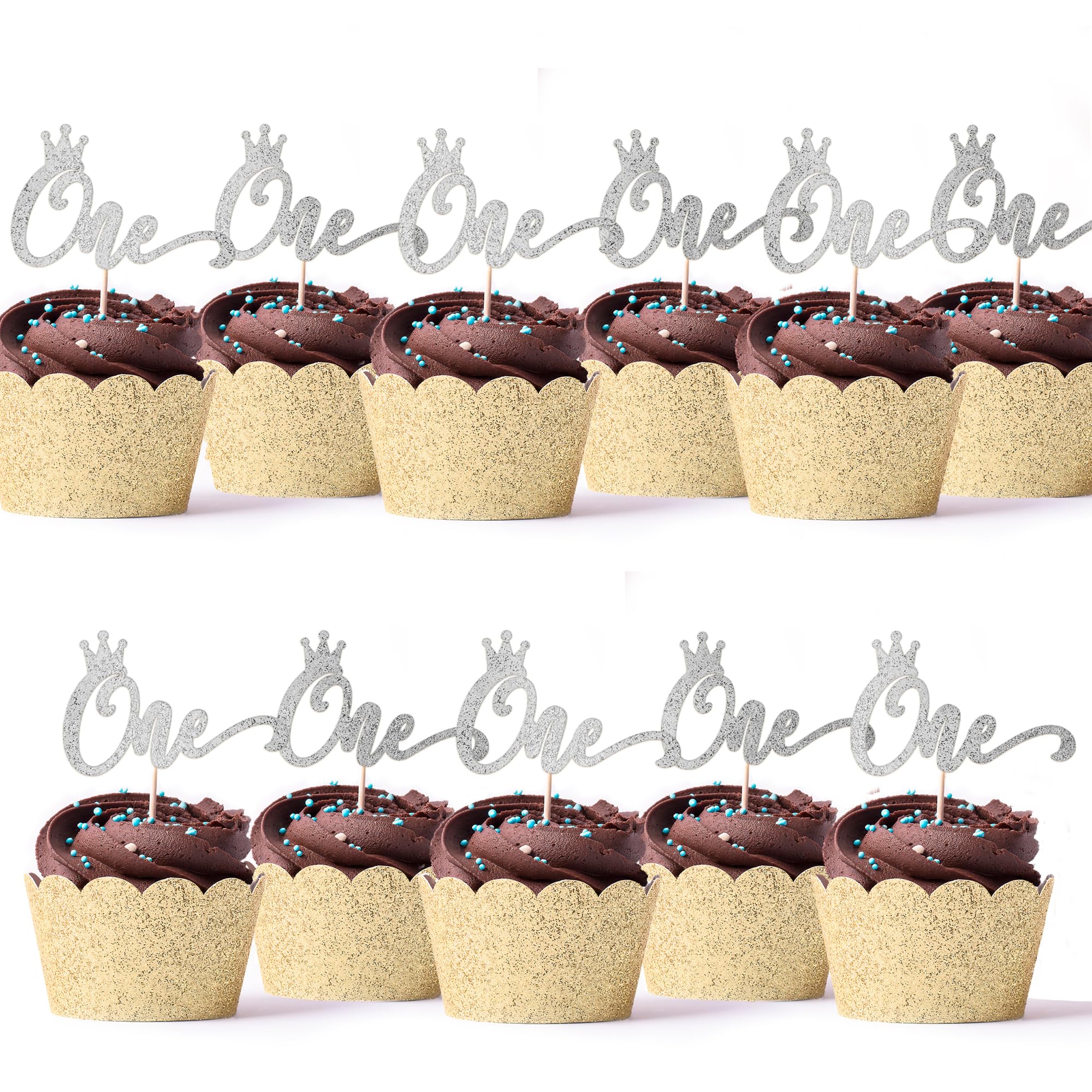 Set of 18 First Birthday Cupcake Toppers, Silver Cake Decorating Toppers, Cupcake Topper Decorations, Birthday Cake Silver Toppers, Anniversary Decorations (Silver One with Crown)