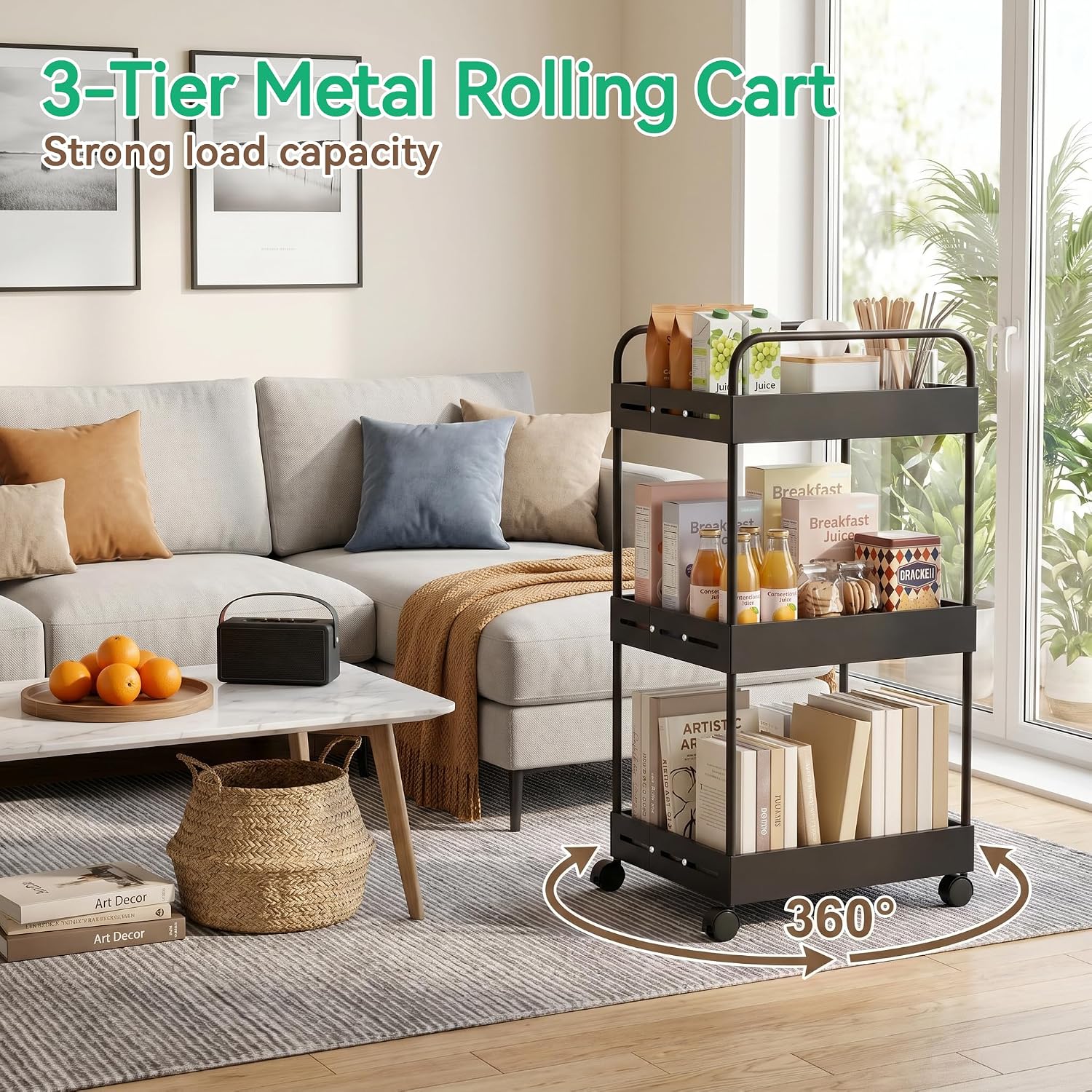 3 Tier Expandable Rolling Storage Cart, Rolling Utility Cart with Wheels image 2