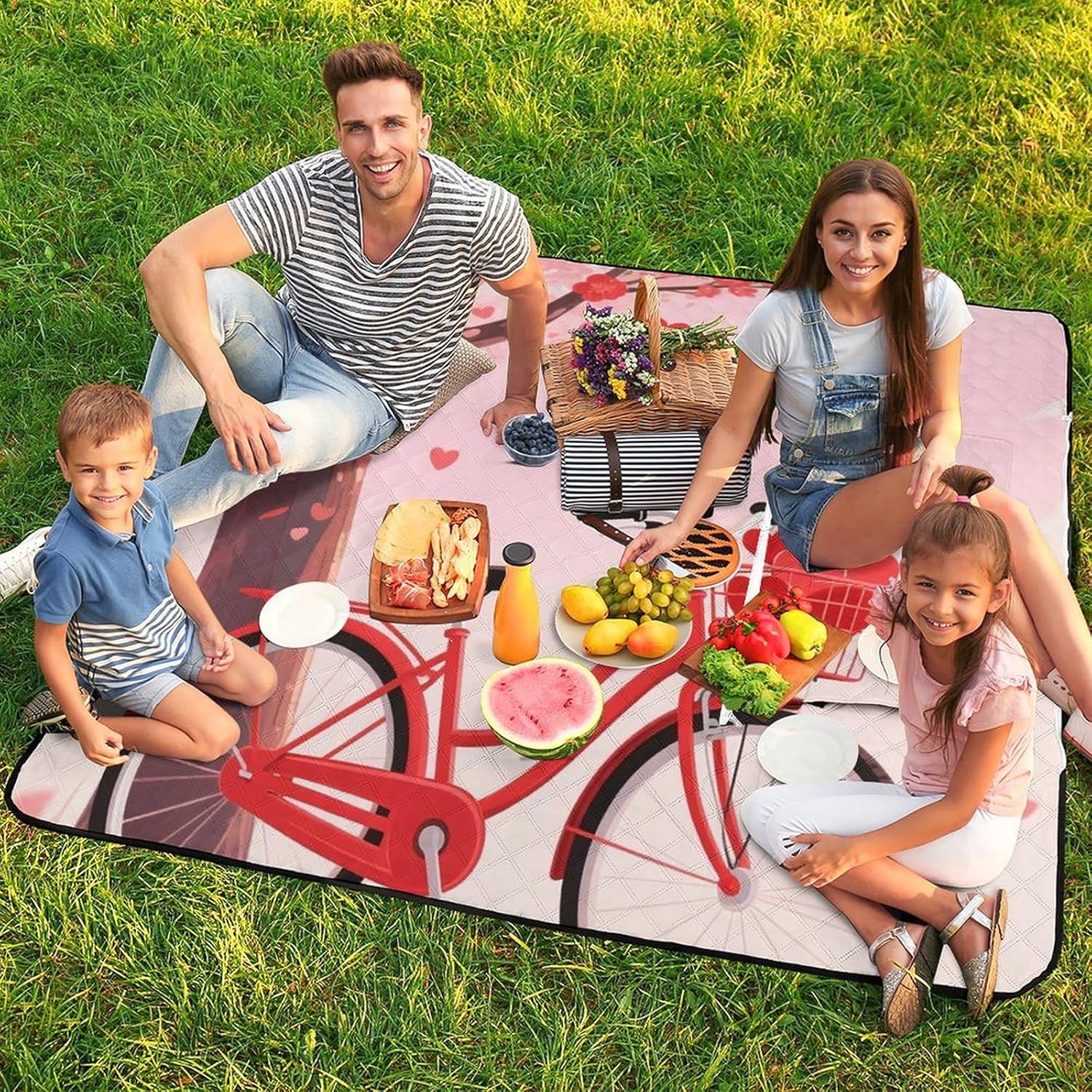 Heart Tree Bicycle Love Picnic Blanket 150x150cm, Foldable 2-in-1 Picnic Mat and Tote Bag Portable Waterproof Beach Mat Sandproof Outdoor Blanket for Park, Hiking, Beach, Camping, Travel