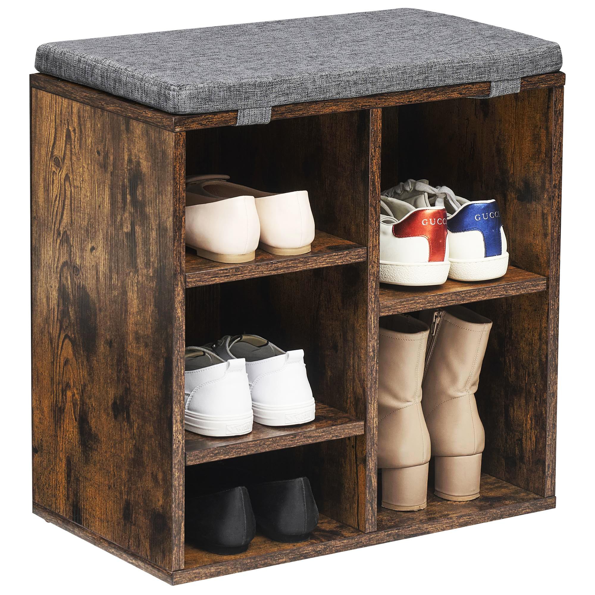 Shoe Bench with Cushion Top & 5 Cubbies Holds Up to Shoes Size 10, Entryway Storage Bench Freestanding Shoe Cabinet Rack with 3 Adjustable Shelves for Entryway, Hallway, Closet (Brown)