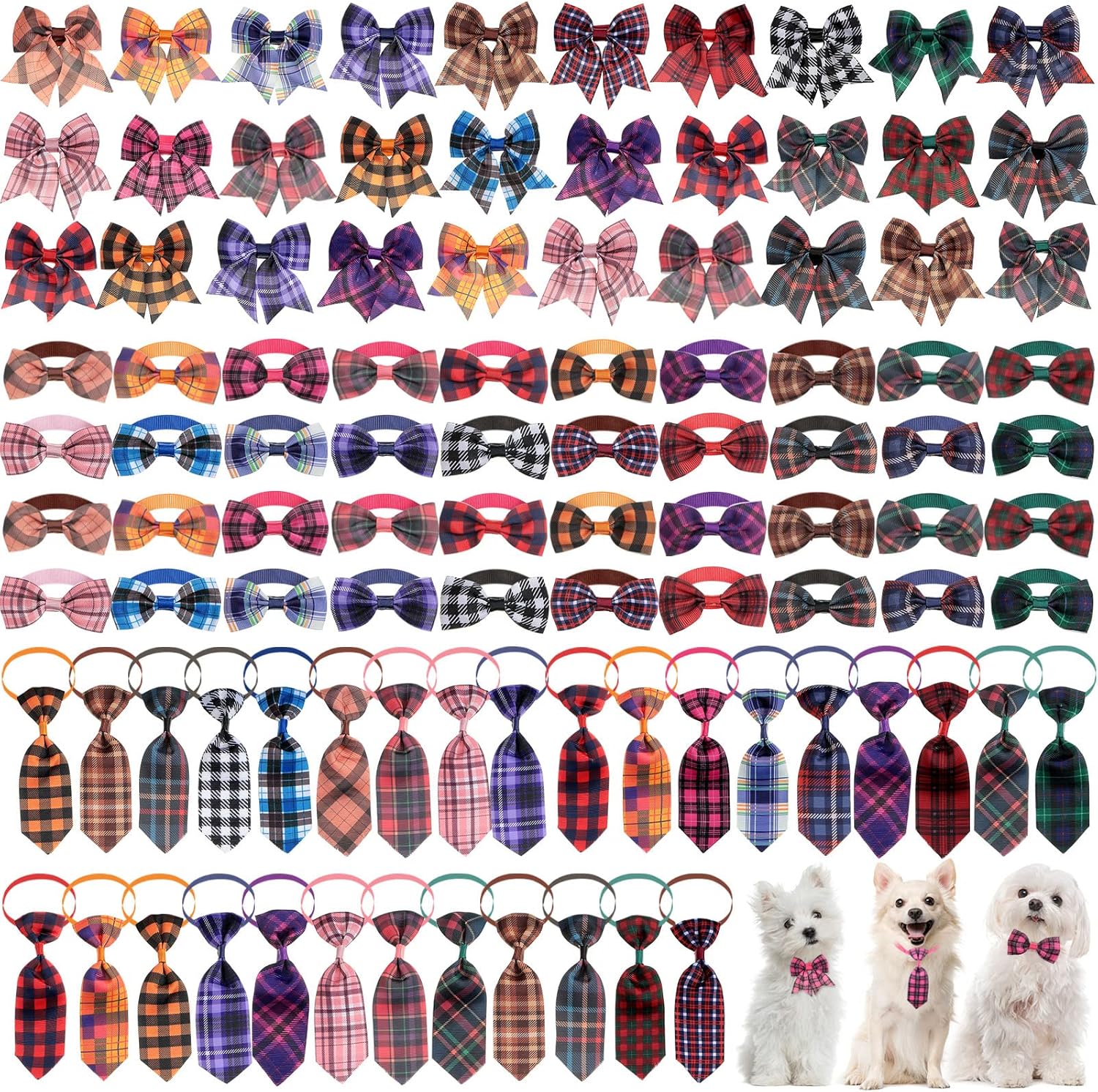 100 Pieces Plaid Dog Bow Tie Collar Set Include Dog