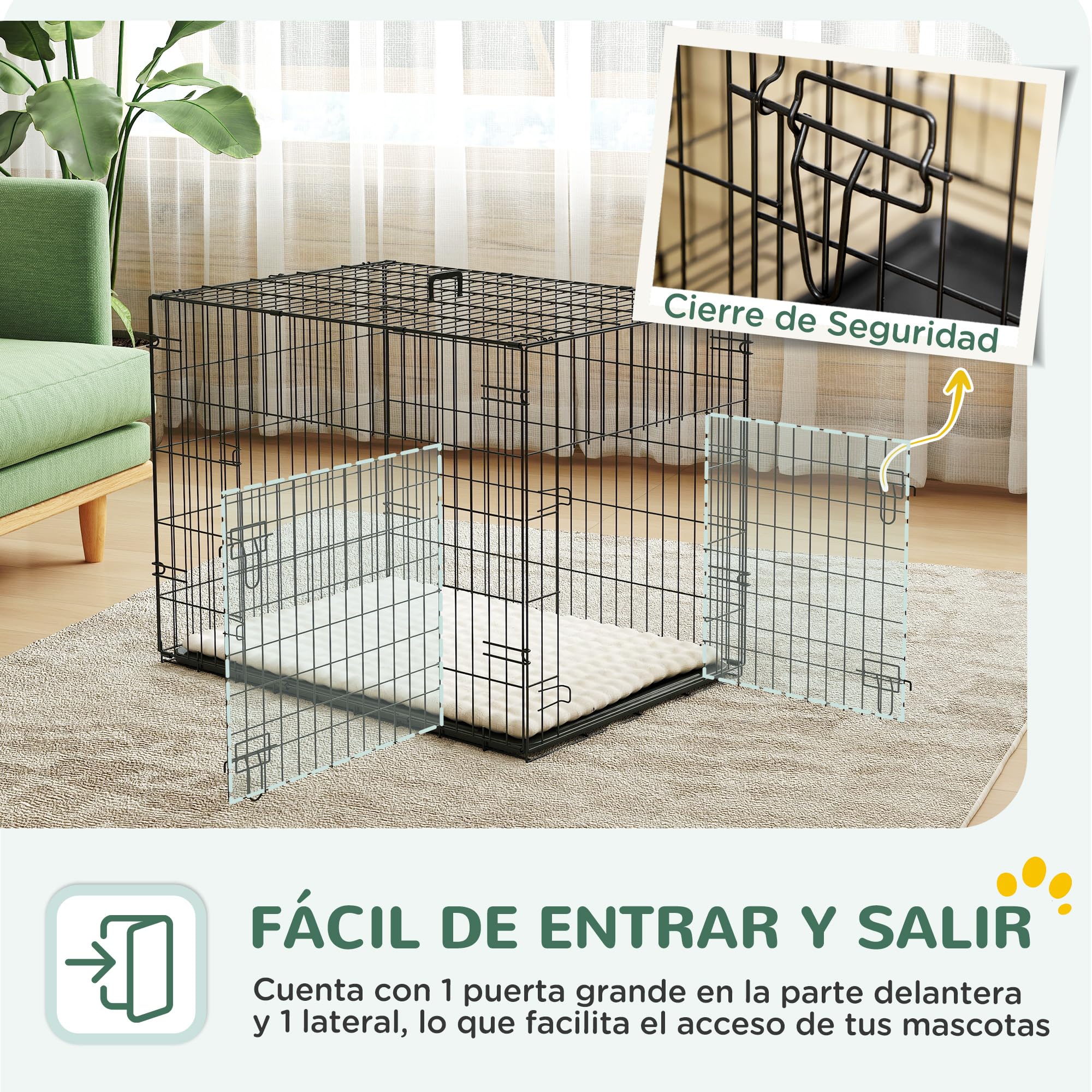PawHut Jaula para Perros Plegable, Jaula para Perros Pequeños con Cojín, 2 Puertas, Bandeja Extraíble y Marco de Alambre Metálico, 75x48,5x53 cm, Negro y Beige