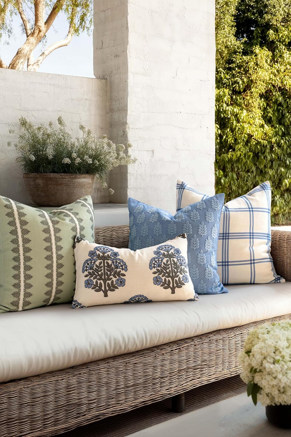 Crumbs Home California Casual Coastal Indoor Outdoor Lumbar Pillow Cover, 12"x20" Water Repellent for Patio, Backyard, Couch, Poolside, Green Light Blue Block Print Hydrangea Flowers