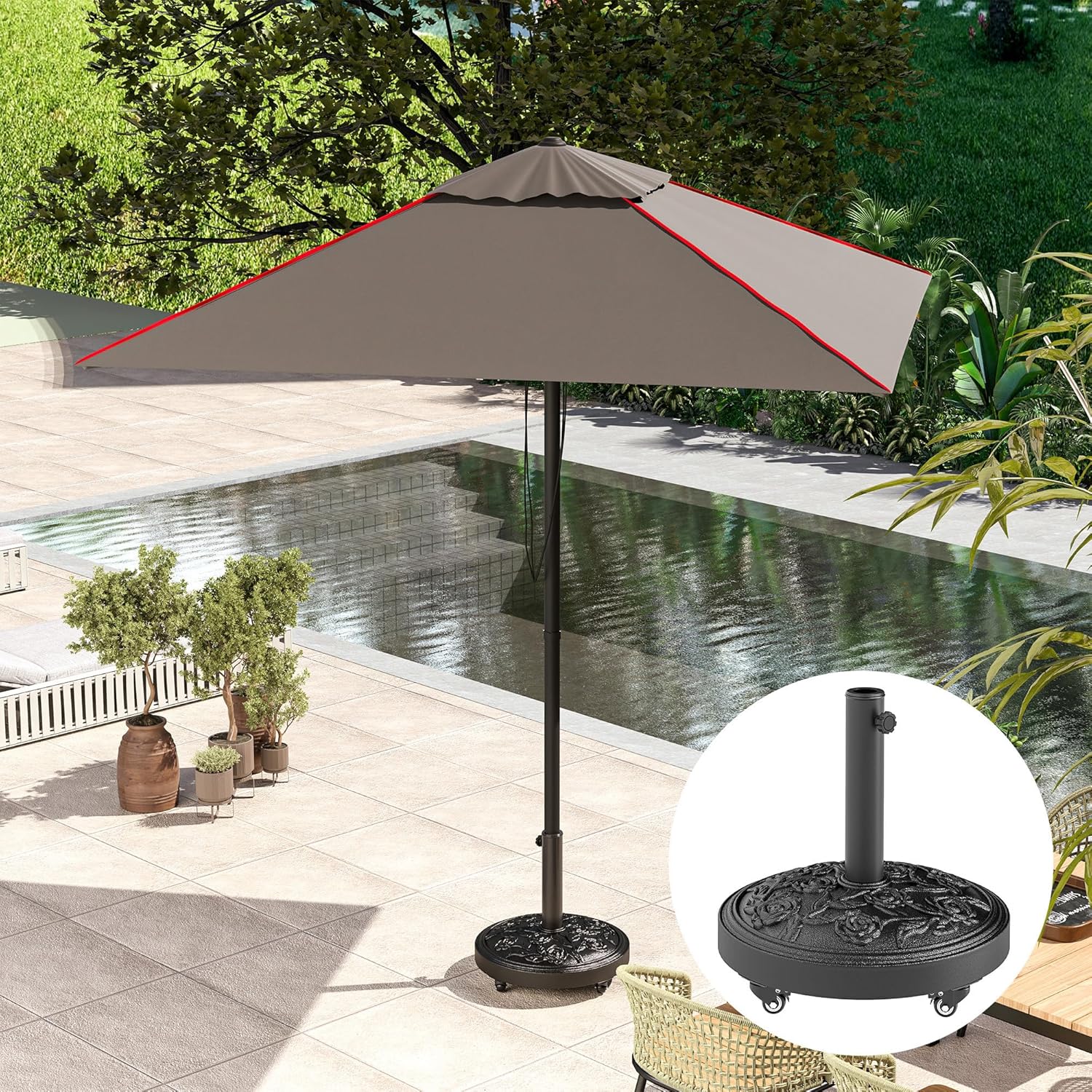 Outsunny Round Patio Umbrella Base, 46 lbs Resin Umbrella Base with Wheels, Outdoor Umbrella Stand for 1.3"/1.5"/1.9" Umbrella Poles for Outdoor, Lawn, Poolside, Black