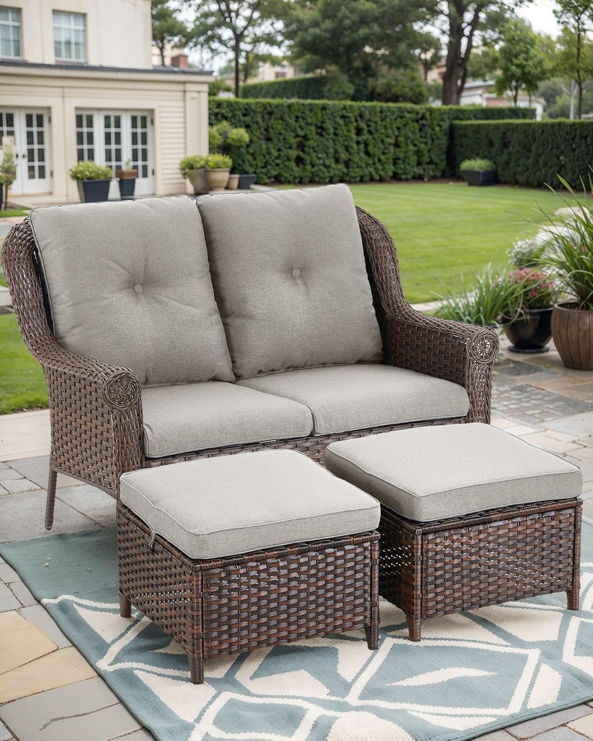 Patio Loveseat Outdoor Wicker Sofa - Heavy Duty All-Weather Brown Rattan 2-Person Sofas with High Back and Comfortable Thick Cushions for Garden Back Porch Poolside Apartment - Beige