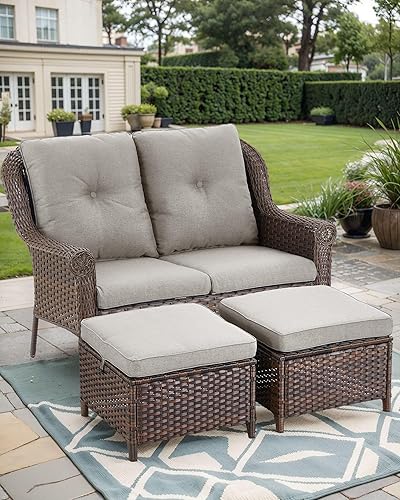 Miniatura 5 de Sofá de mimbre para patio, sofá de mimbre para exteriores, resistente para todo tipo de clima, sofás para 2 personas con respaldo alto y cómodos