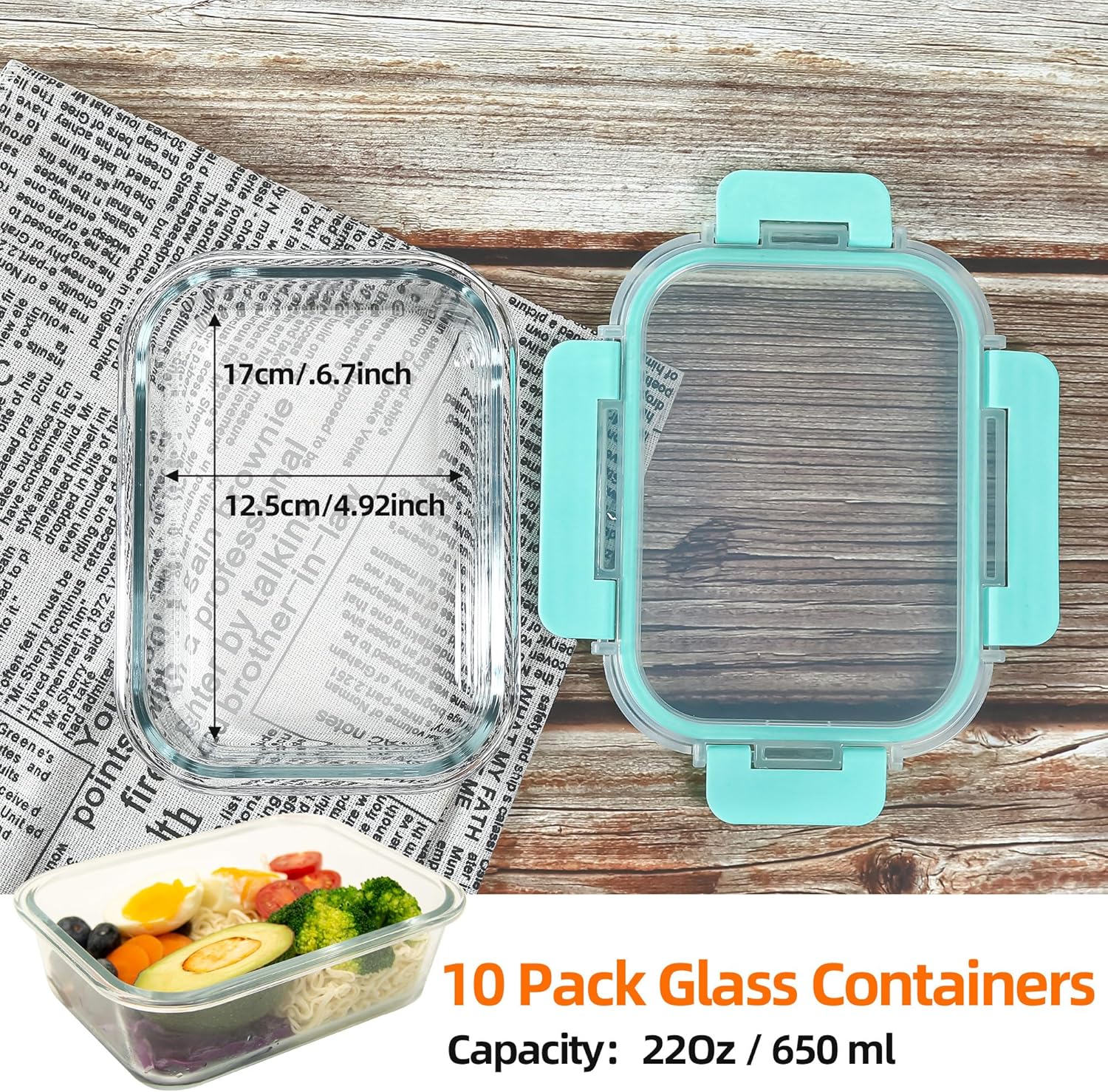 Glass Food Storage Containers 10 Pack - 22Oz Meal Prep Container Set with Lid, Airtight Snap Lock, Microwave Freezer Oven Dishwasher Safe, Lunch Box for Work, Mint