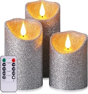 Retisee Set of 3 Silver Glitter Flameless Candles with Remote and Timer, Chrismas Battery Operated Piller Candles, 4" 5" 6" Flickering Real Wax LED Candle for Chrismas Wedding Party Home Decor