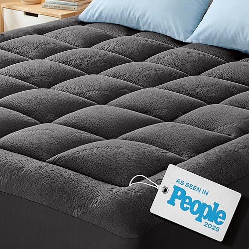 Ultra Soft Queen Size Mattress Topper - Viscose Made from Bamboo Pillow Top Mattress Pad for Back Pain Relief - Naturally Cooling for Hot Sleepers, Dark Gray