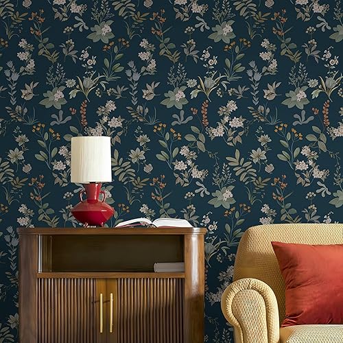 Peel and Stick Wallpaper Floral Wallpaper Renter Friendly 17.7"x236" Dark Blue Wall Paper Self Adhesive Vintage Leaf Contact Paper Boho Wall Decor for Bedroom Cabinet