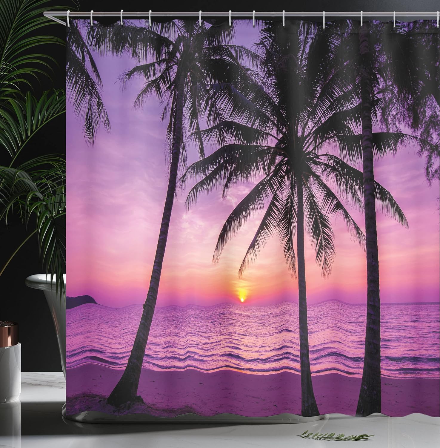 Ambesonne Ocean Shower Curtain, Palm Trees Silhouette at Sunset Dreamy Dusk Warm Exotic Twilight Scenery Image, Cloth Fabric Bathroom Decor Set with Hooks, 69" W x 70" L, Purple Black