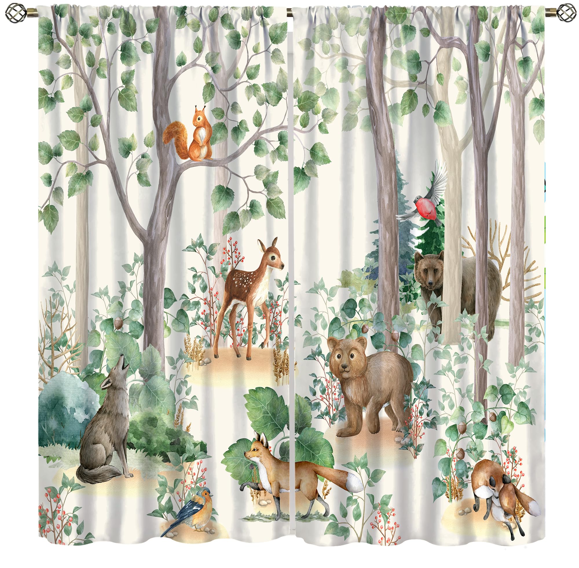 YCness Forest Animal Kids Curtains, Wild Rustic Bear Fox Deer Children Cartoon Window Treatments for Living Room, Watercolor Blackout Drapes 2 Panel