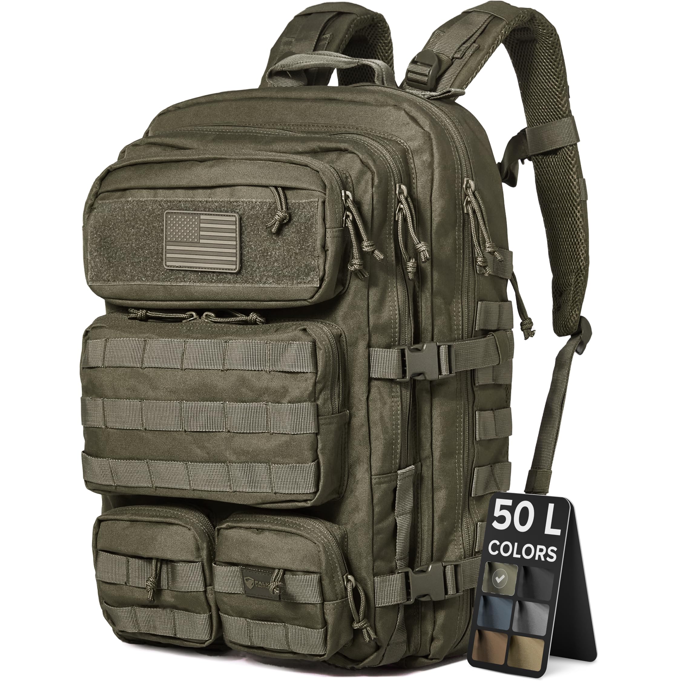 Falko, Zaino tattico per uomo e donna, 50 litri, 2,4 volte più resistente, grande zaino militare Molle, zaino di sopravvivenza per attività all'aperto, Ranger Green, Large