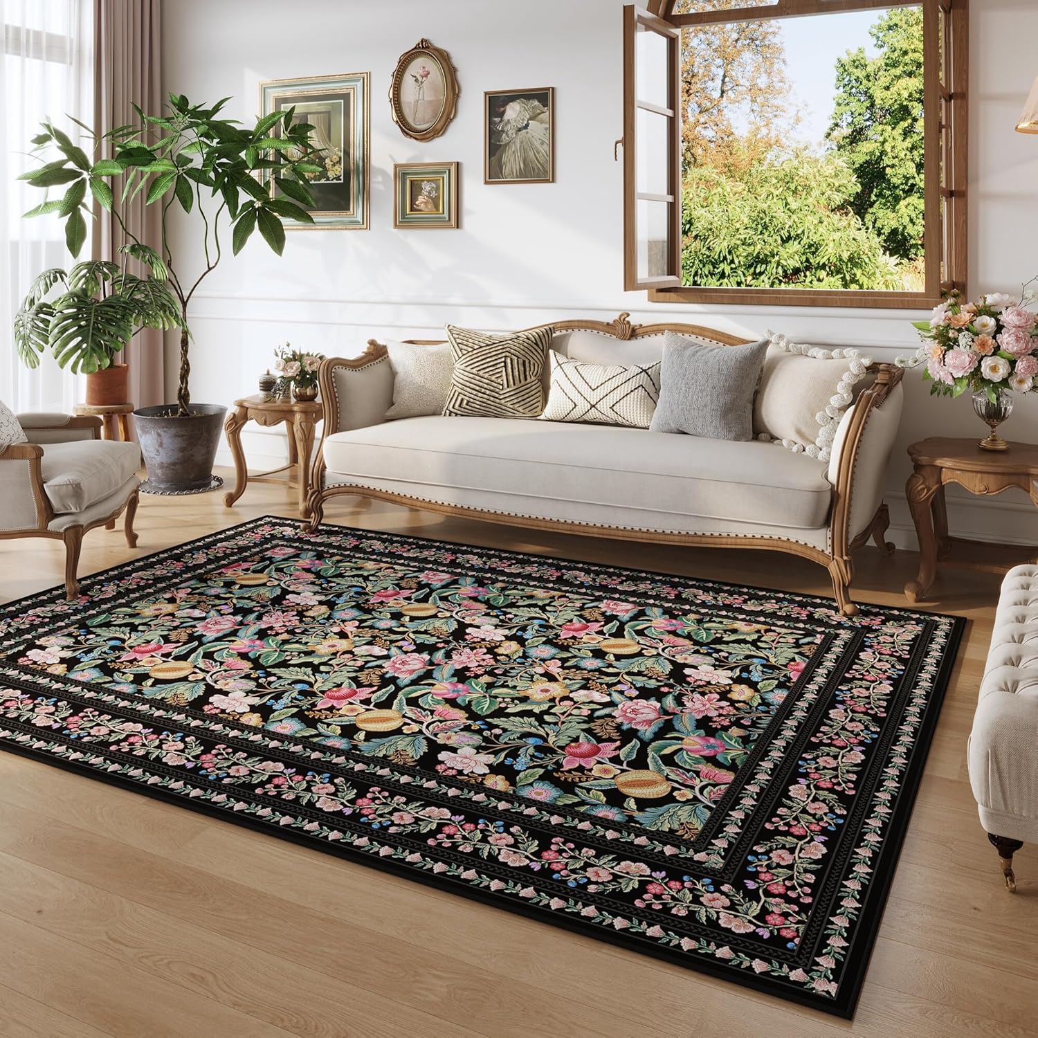 Area Rug 4x6 Rug Washable Vintage Floral Rugs Non Slip Low Pile Small Carpet for Bedroom, Bedside, Kids Room, Office, Dining Room, Black
