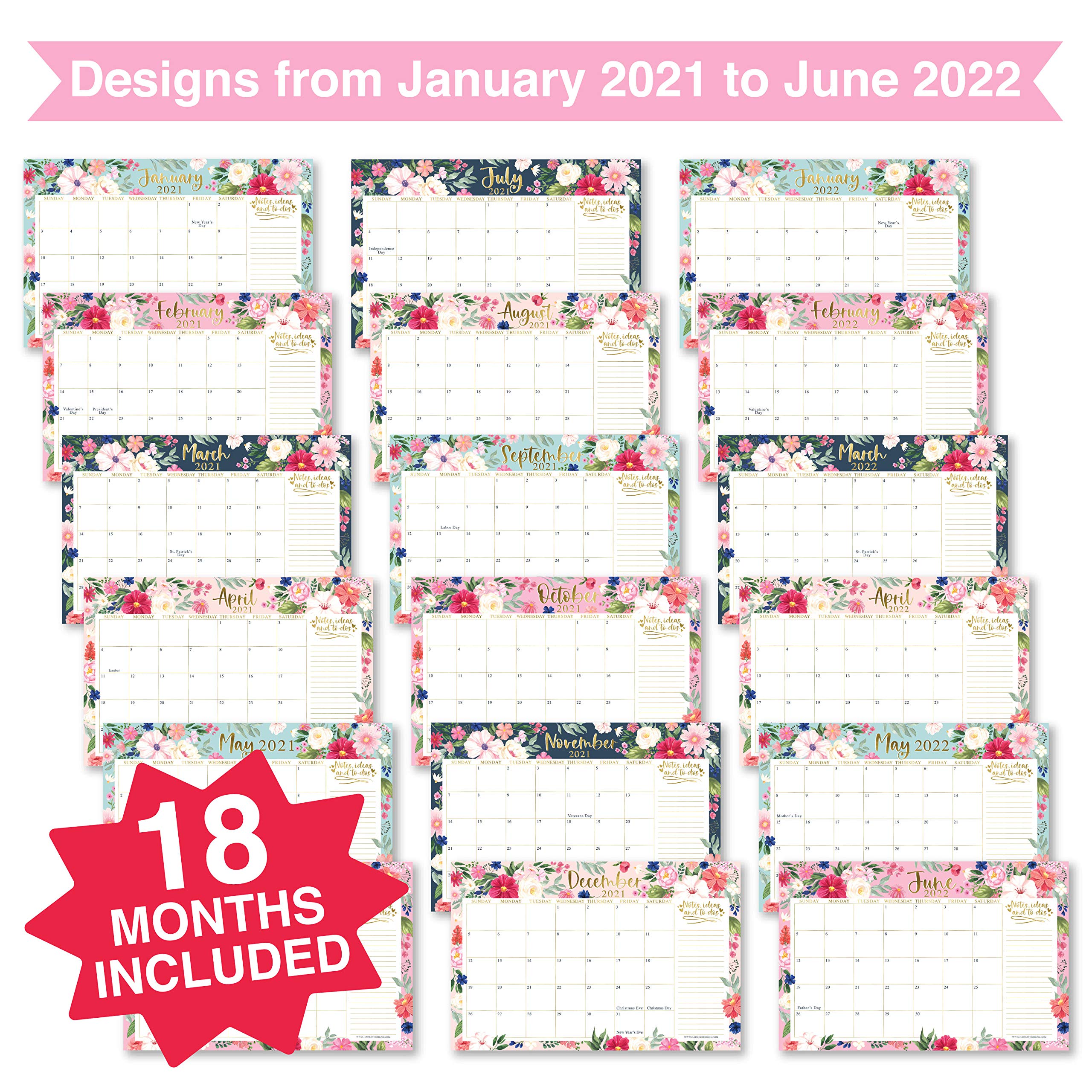 Pink & Teal Floral 20212022 Desk Calendar, Large Monthly Wall Planner