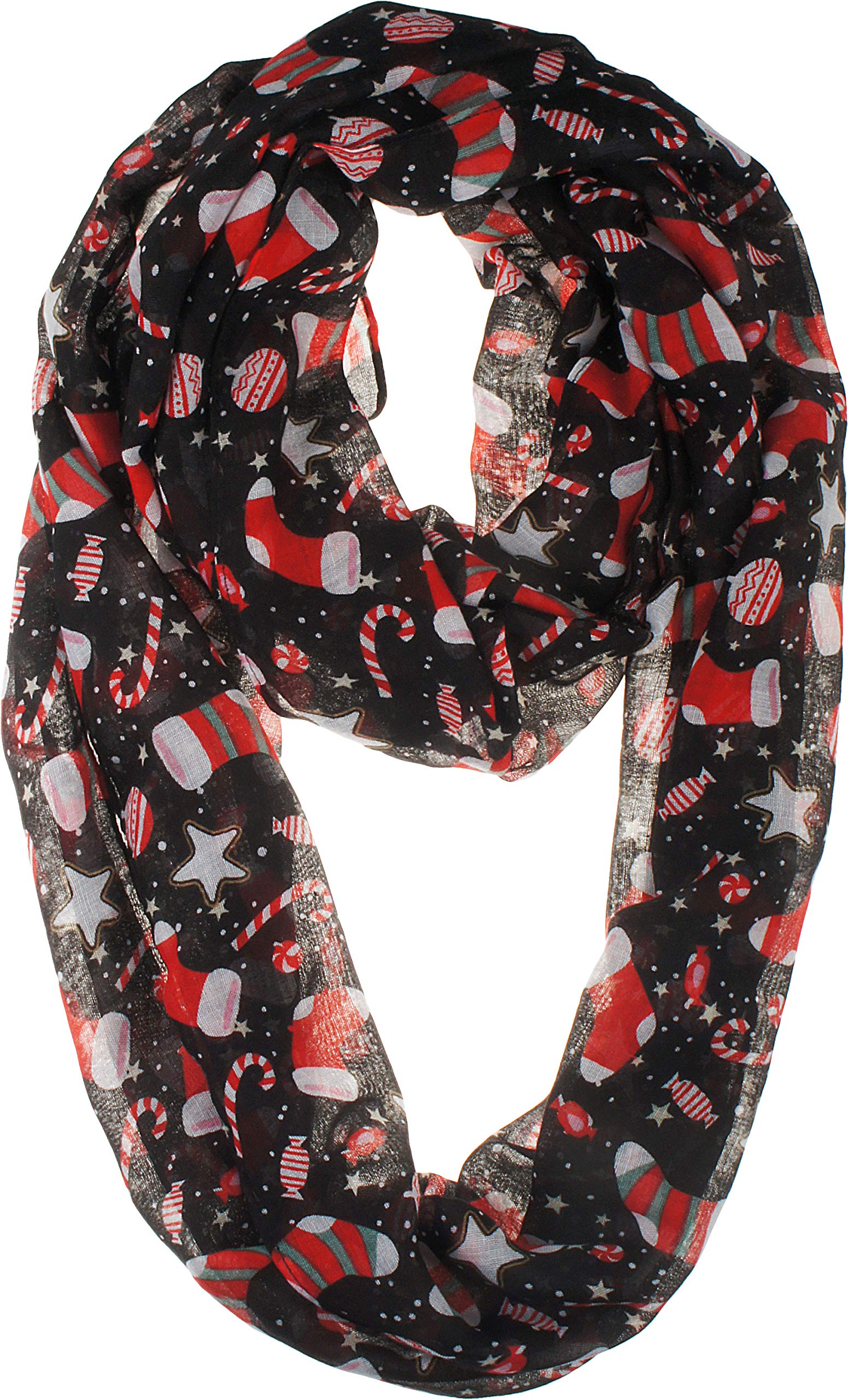 VIVIAN & VINCENT Fall Winter Soft Lightweight Sheer Infinity Christmas Scarf for Women Holiday Decorations for Girls Black Candy Cane and Santa Boots