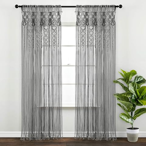 Lush Decor Bohem Makrome Dokulu Pamuk Pencere Perdesi/Oda Bölücüsü/Kapı/Duvar Dekoru, 241 cm x 101 cm (U x G), Gri