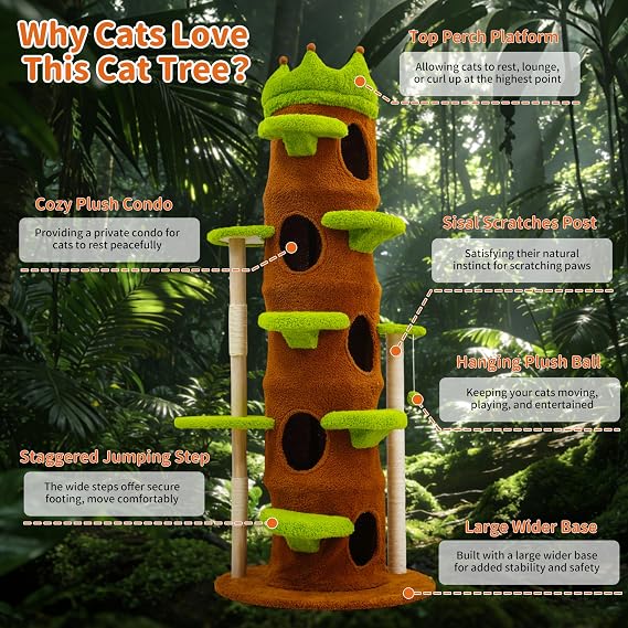 Modern Cat Tree Tower: 73.6 Tall Cat Tree for Indoor Cats Large Adult with Sisal Scratching Post - Extra Large Heavy Duty Wooden Green Cat Tree with Plush Condo