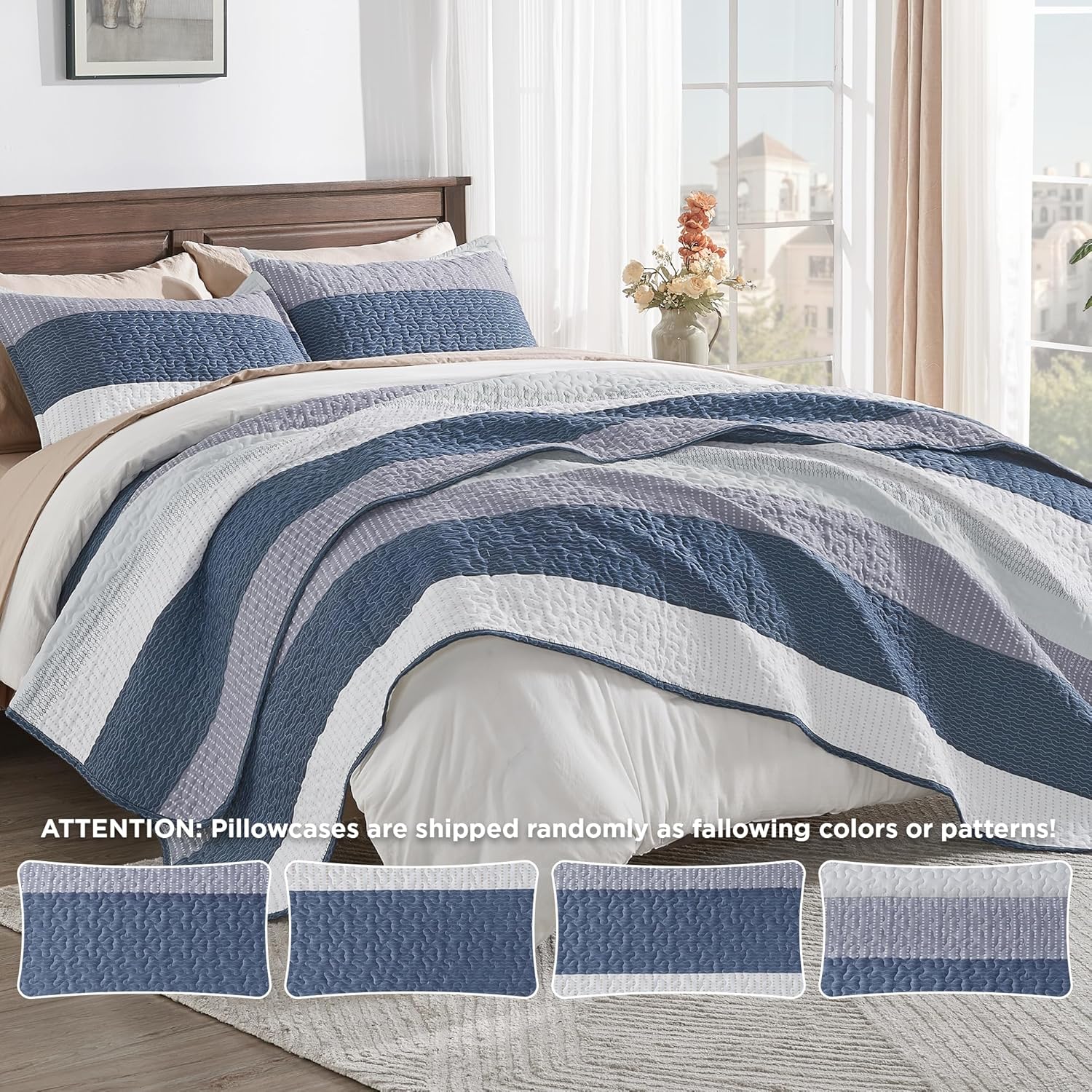 Andency King Size Quilt Set Mineral Blue, 3 Pieces Summer Ultra Soft Lightweight Bedspreads & Coverlets Set, Patchwork Striped Quilted Bedding Sets for All Seasons (1 Quilt, 2 Pillow Shams) - Image 5