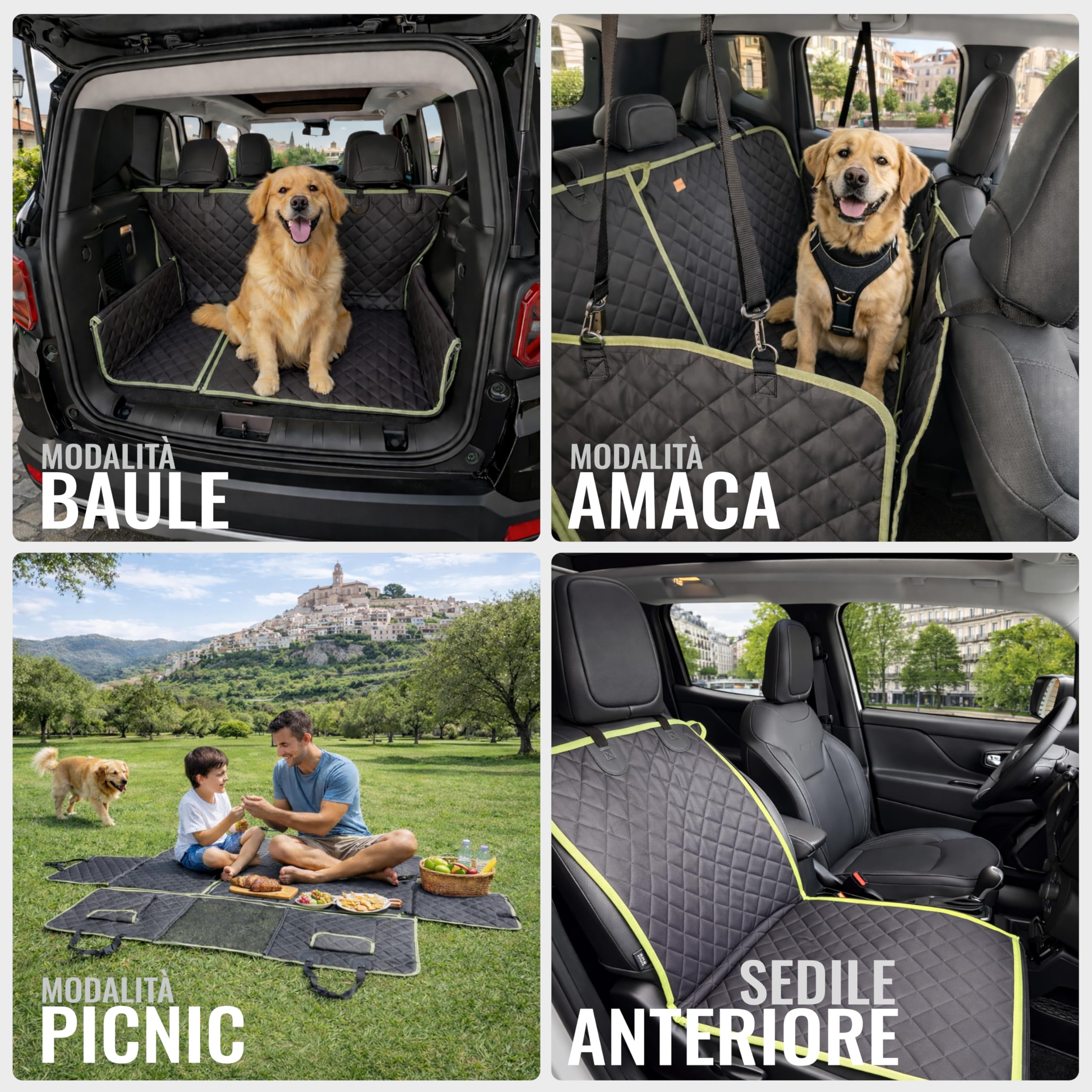 Telo Cane Auto Sedili Posteriori 6-in-1 | Telo Macchina per Cani Impermeabile 600D, Copertura Sedili Auto per Cani Universale con Finestra a Rete, Protezione Laterale