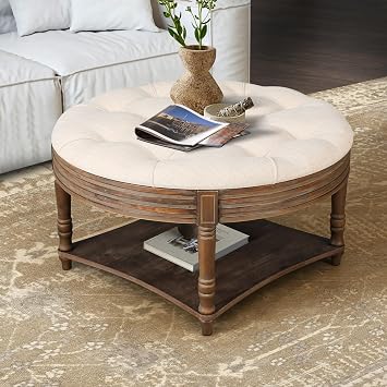 Deolme Large Round Tufted Ottoman Coffee Table with Storage, 31.5" Upholstered Farmhouse Storage Ottoman with Wooden Shelf Spindle Legs, Waterproof Linen Fabric Footrest Pouf for Living Room Beige