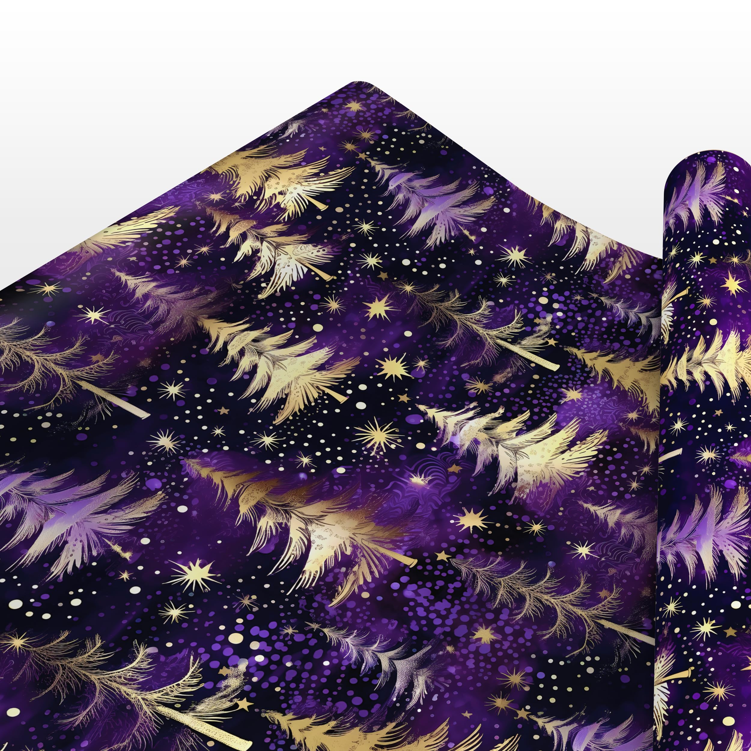 Luxury Purple & Gold Christmas Wrapping Paper – Watercolour Fir Tree & Snowfall Design – Festive Gift Wrap Sheets or Rolls up to 6m – 100gsm FSC Certified Smooth Matte - 4M