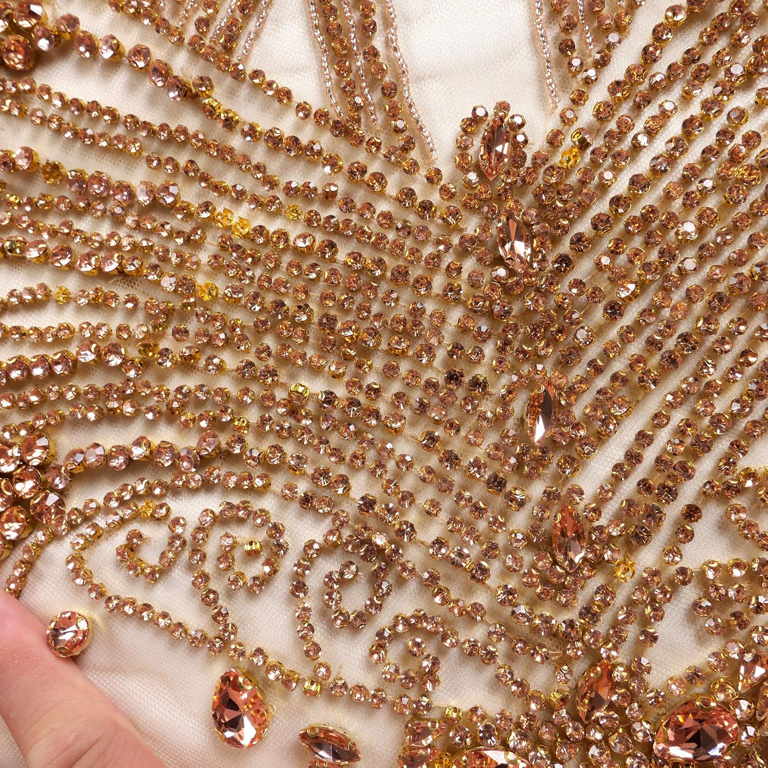 new Very Beautiful Champgane(Rose Gold) Rhinestones Beads Bodice Applique Handmade Beaded Applique Patch for Dress Cloth 27.5“ * 15.7”