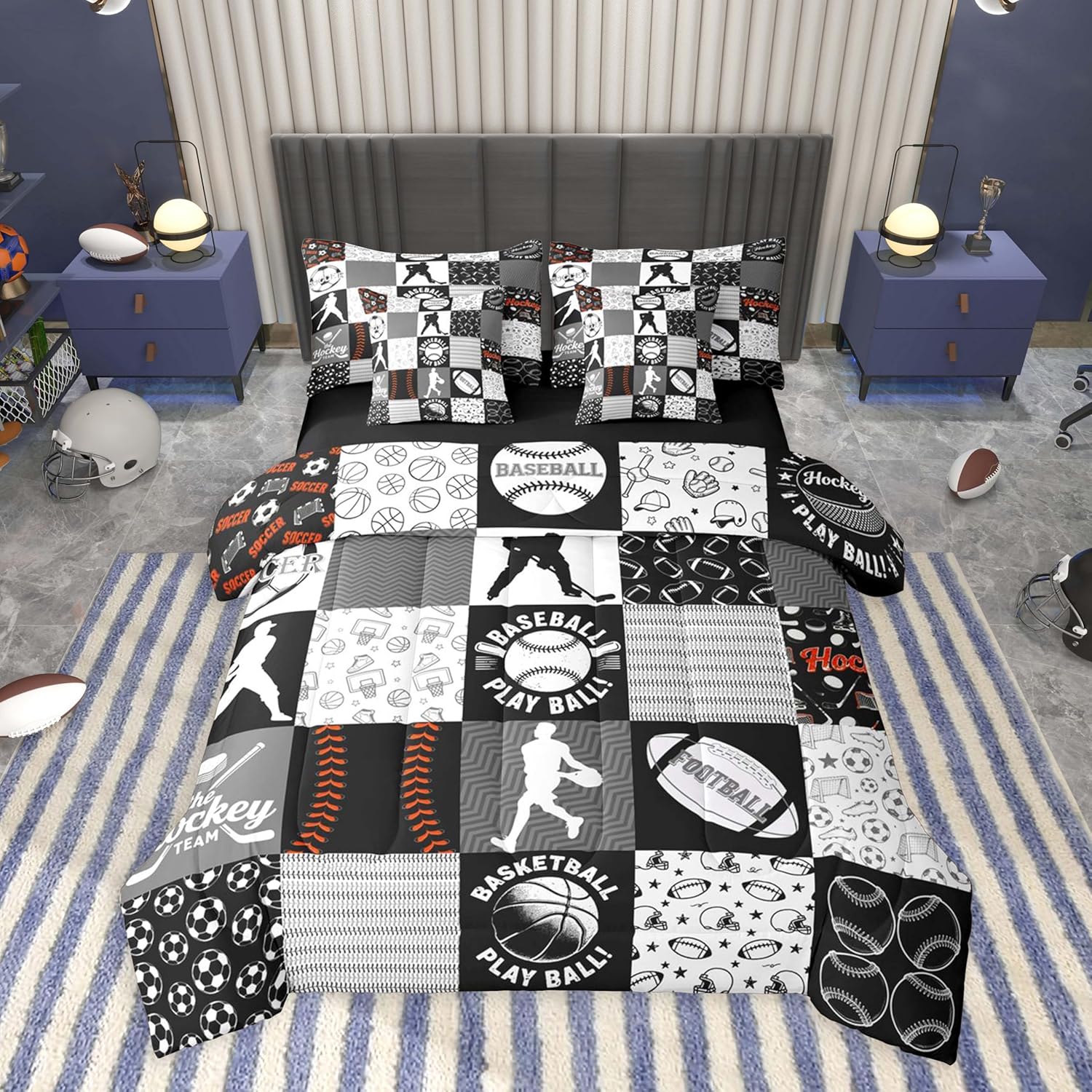 Feelyou Football Baseball Soccer Comforter Set with Sheets 7 Piece Full Size Boys Sports Bed in a Bag Kids Boys Girls Kids Teens Sports Lover Gift Bedding Set Basketball Ice Hockey Decor Black Soft