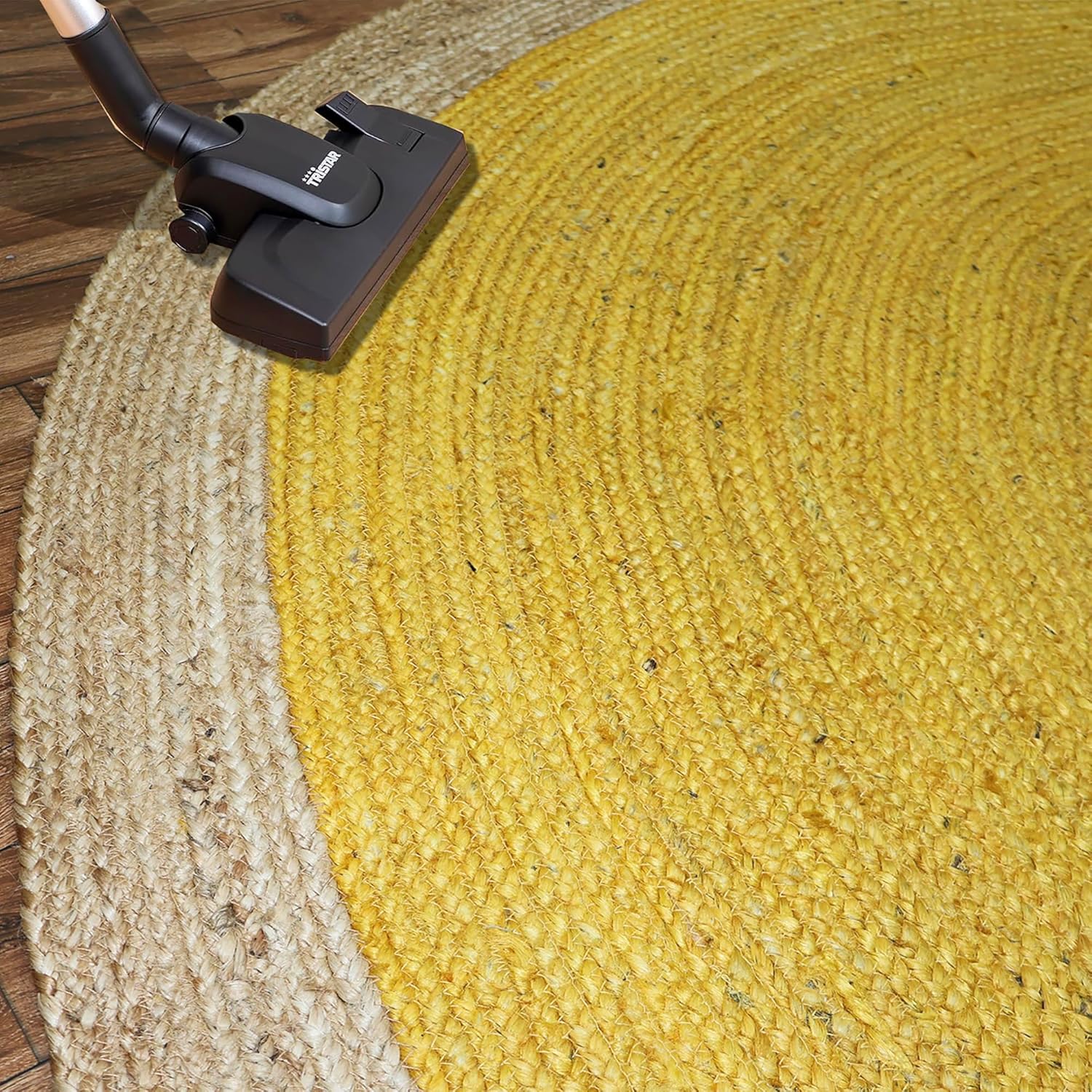 Handmade Jute Area Rug 13x13 Ft Natural Fiber Bordered Jute Rugs Yellow Round Boho Rug Thick 0.27" Hand Braided Rugs for High Traffic Area Doormat Entryway Under Table Living Room
