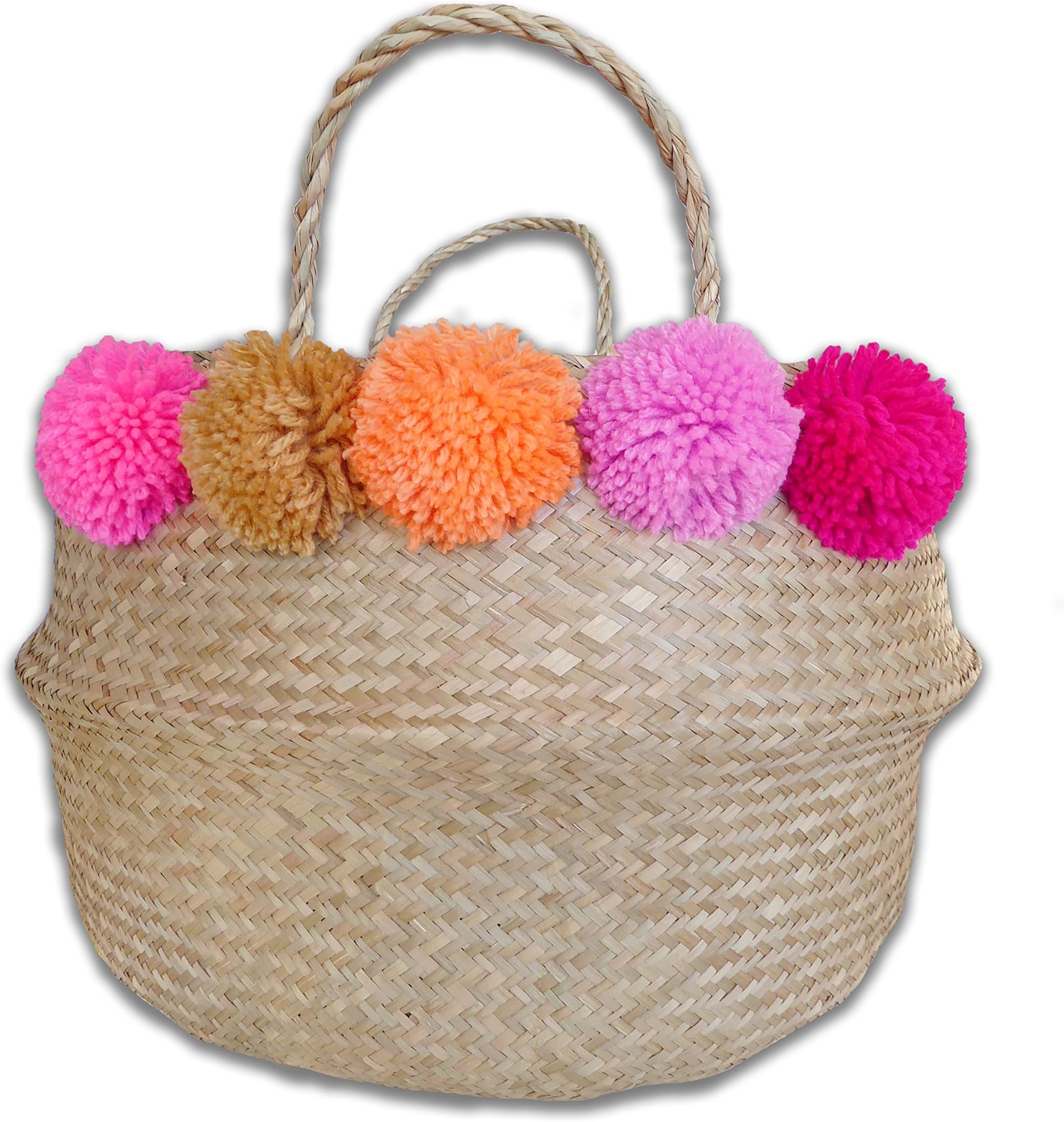 LARGE (17"X14") pom pom seagrass tote collapsible belly basket, Natural w/ pink multi poms