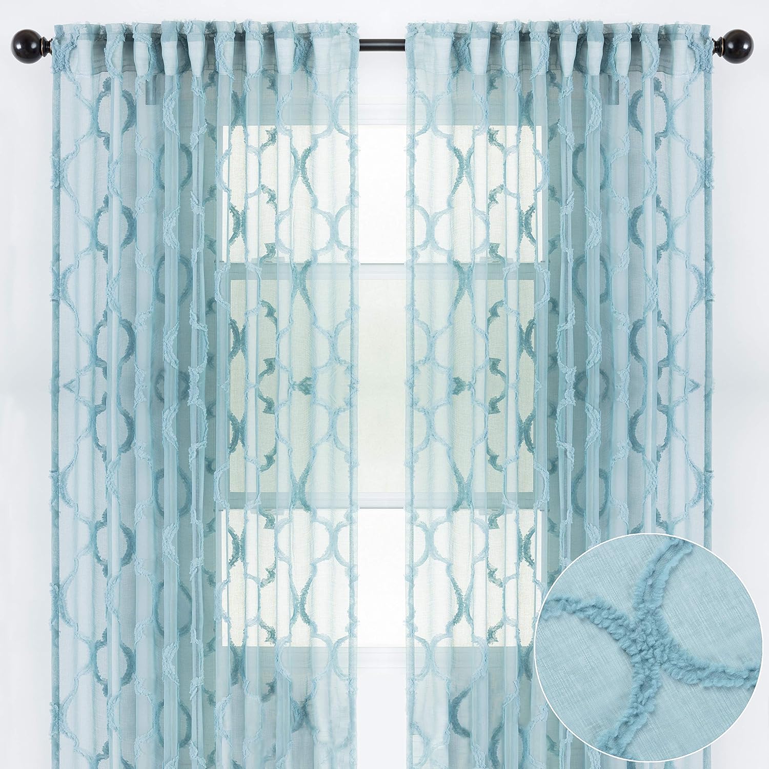 Chanasya Premium 2-Panel Embroidered Design Textured Sheer Curtain Panels - for Windows Living Room Bedroom Kitchen Office - Semi Translucent Window Drapes for Home - 52 x 63 Inches Long - White