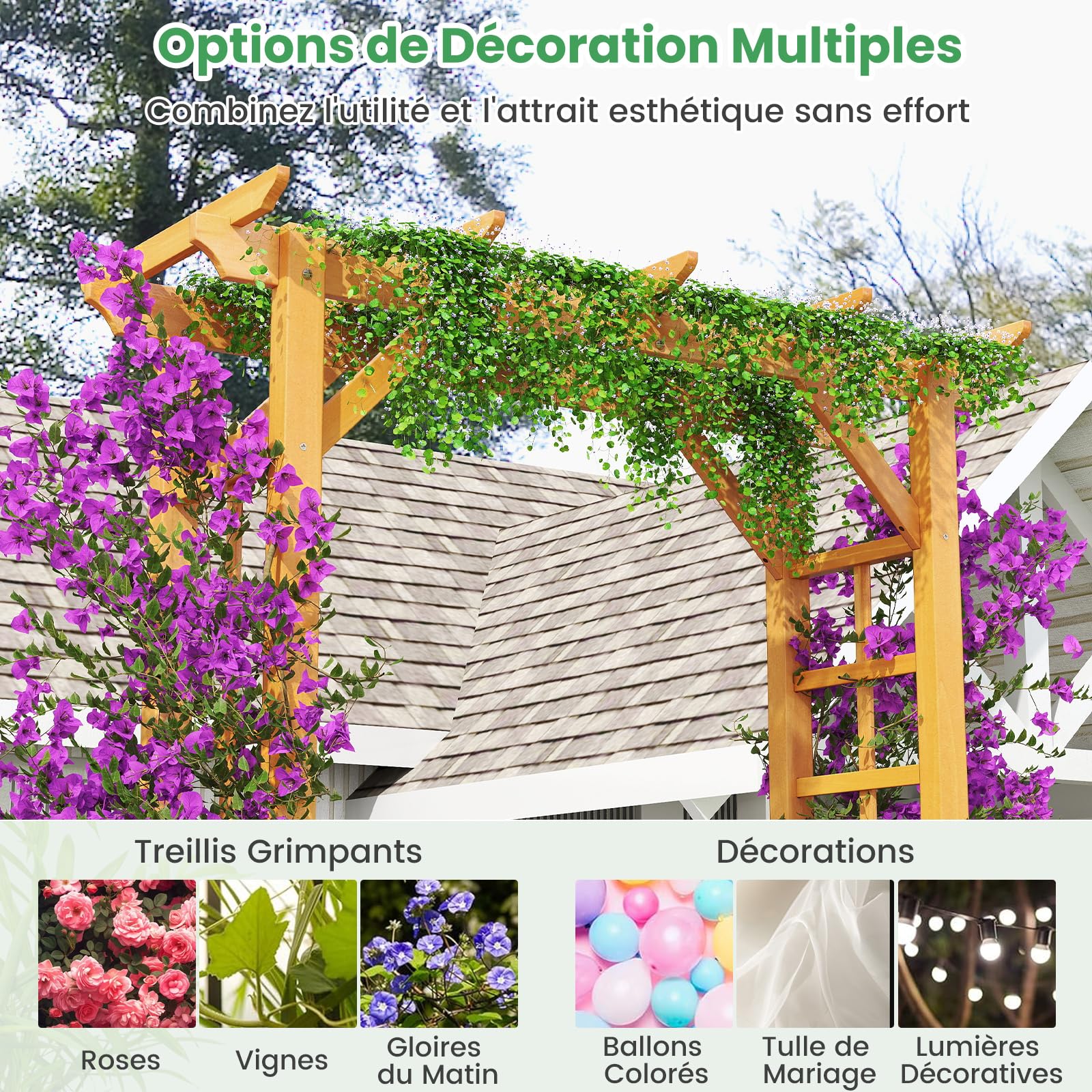 COSTWAY Arche de Jardin en Bois pour Plantes Grimpantes, Arceau à Rosiers en Treillis Extérieur 140x60x215CM, Support de Toile de Fond Plat, Décoration Mariage Fête et Cérémonie