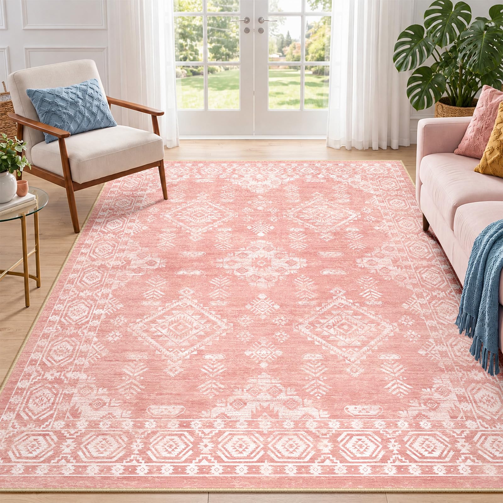 DEFYNEE Area Rugs Living Room 90x150 cm, Washable Rug for Bedroom, Pink — image 1