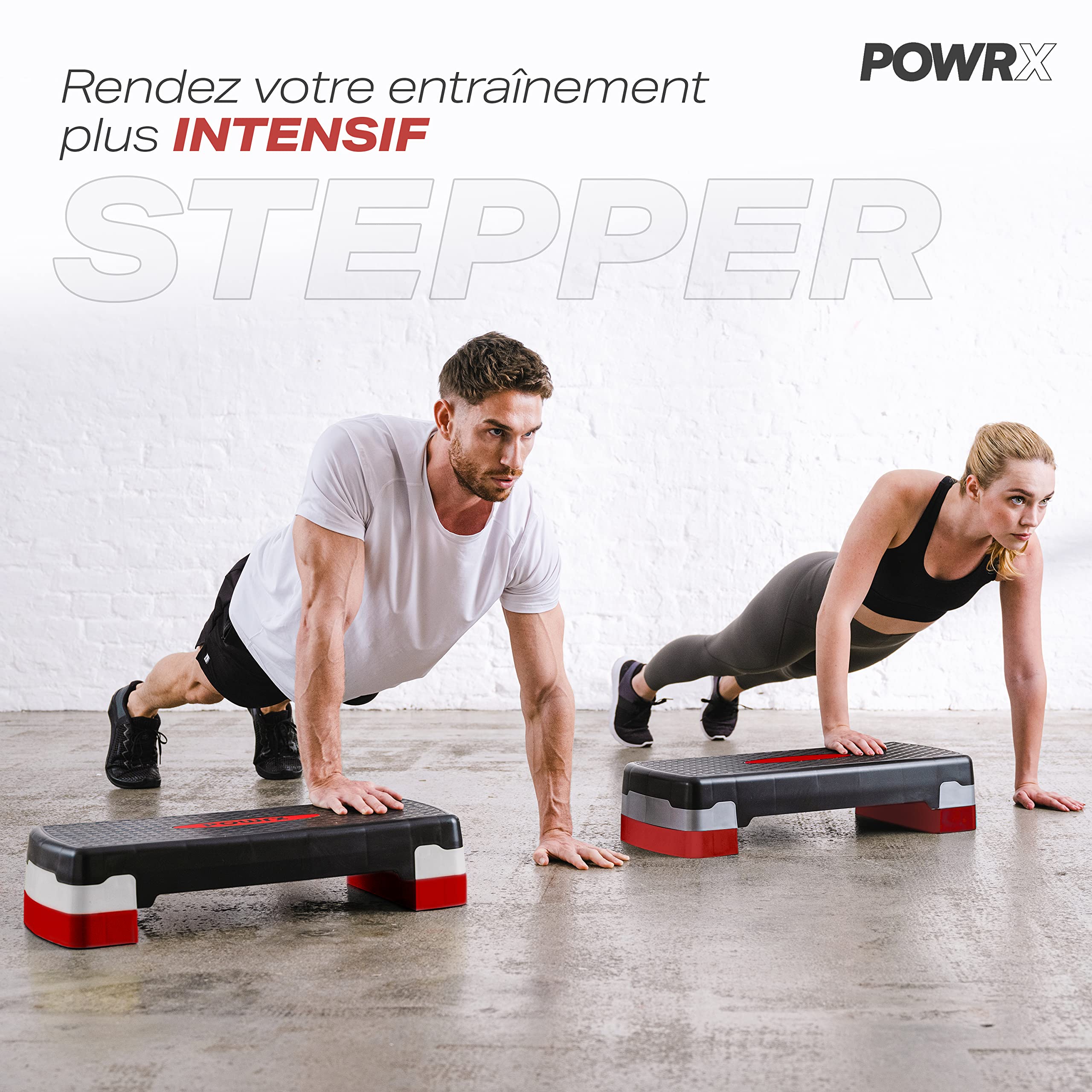 POWRX Step Aerobic (68 x 28,5 cm) - Stepper de Fitness idéal pour Les Exercices à Domicile - Hauteur réglable et Surface antidérapante (Noir/Rouge)