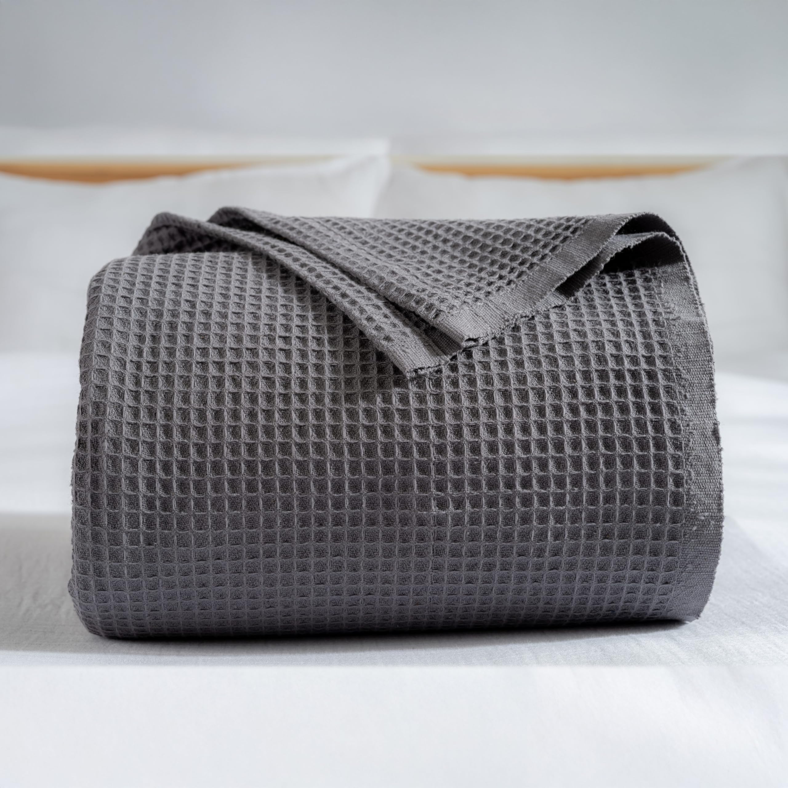 RAYME TEKSTIL - 100% Turkish Cotton Waffle Blanket Queen - Cozy, Airy, Lightweight Summer Throw Blankets - Made in Turkiye, (Dark Gray Blanket, Queen
