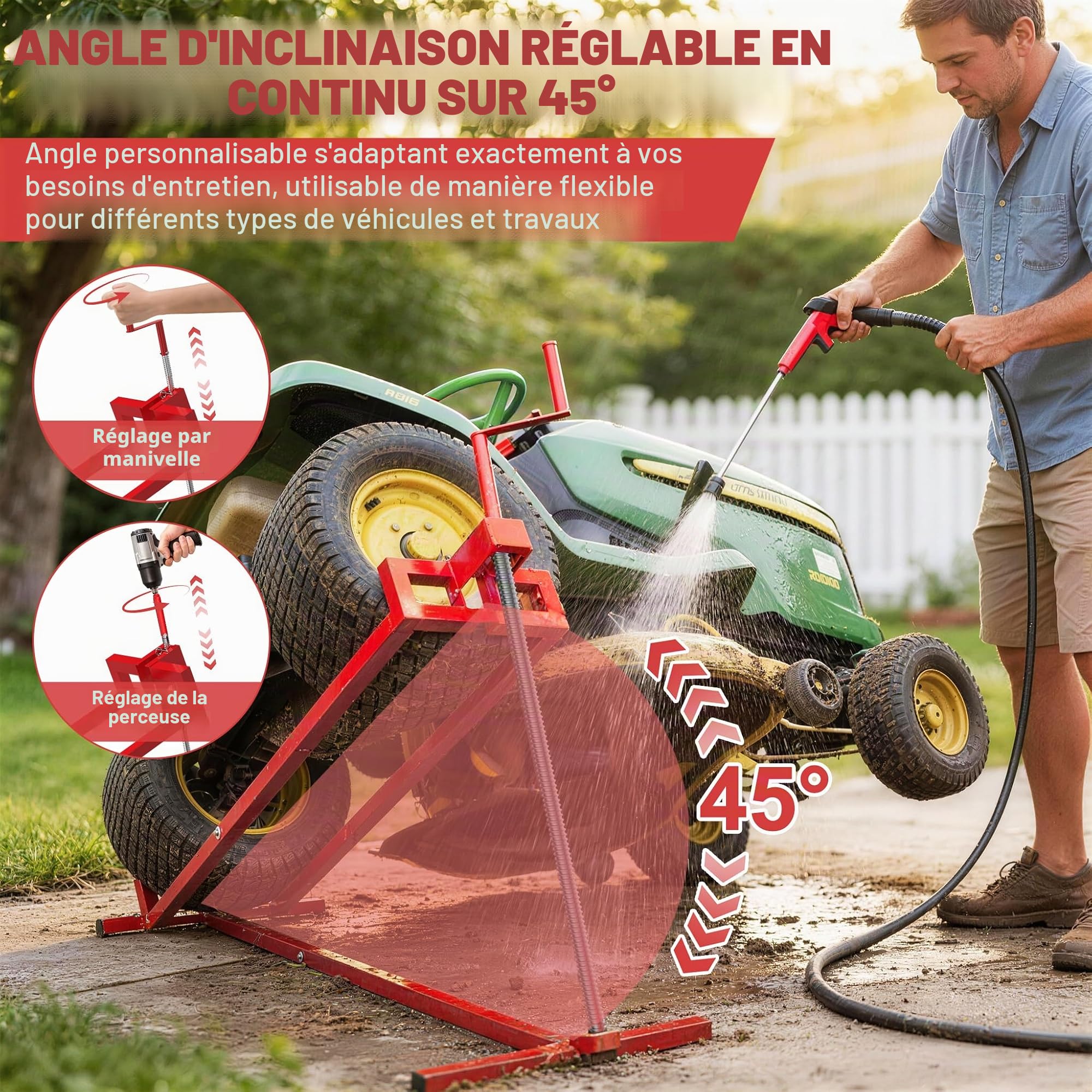 Dispositif de levage, élévateur pour tondeuse, élévateur d'entretien, élévateur télescopique, pour tondeuse, tracteurs de jardin, rouge, charge jusqu'à 400 kg
