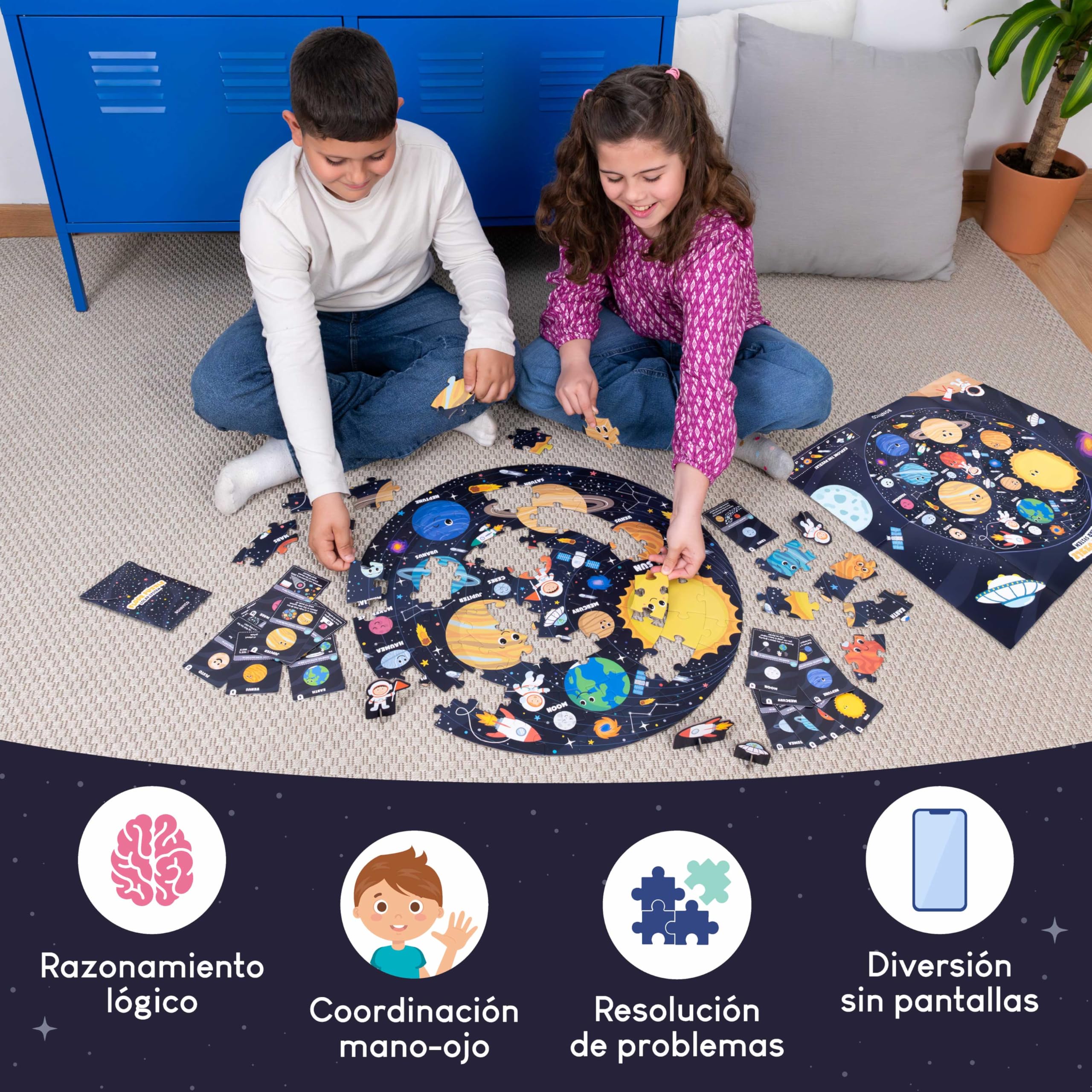 BONNYCO Puzzle XXL Sistema Solar para Niños con 70 Piezas Grandes. Rompecabezas Redondo Planetas 58 x 58 cm, 15 Tarjetas, 4 Figuras y Guía. Juegos Educativos, Regalos, Juguetes Niños 4 Años