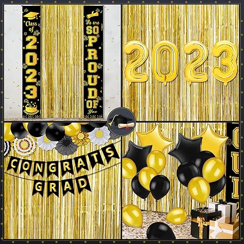 Miniatura 6 de Decoración de graduación de clase 2022 kits de decoración de fiesta de graduación de oro negro bandera globos suministros de fiesta de graduación de